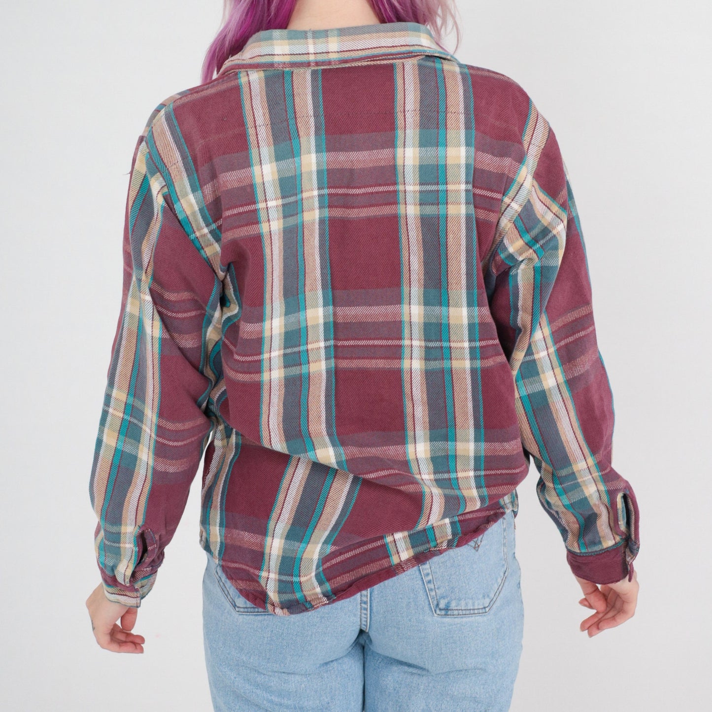 90s Burgundy Plaid Button-Up Shirt Long Sleeve Checkered Medium