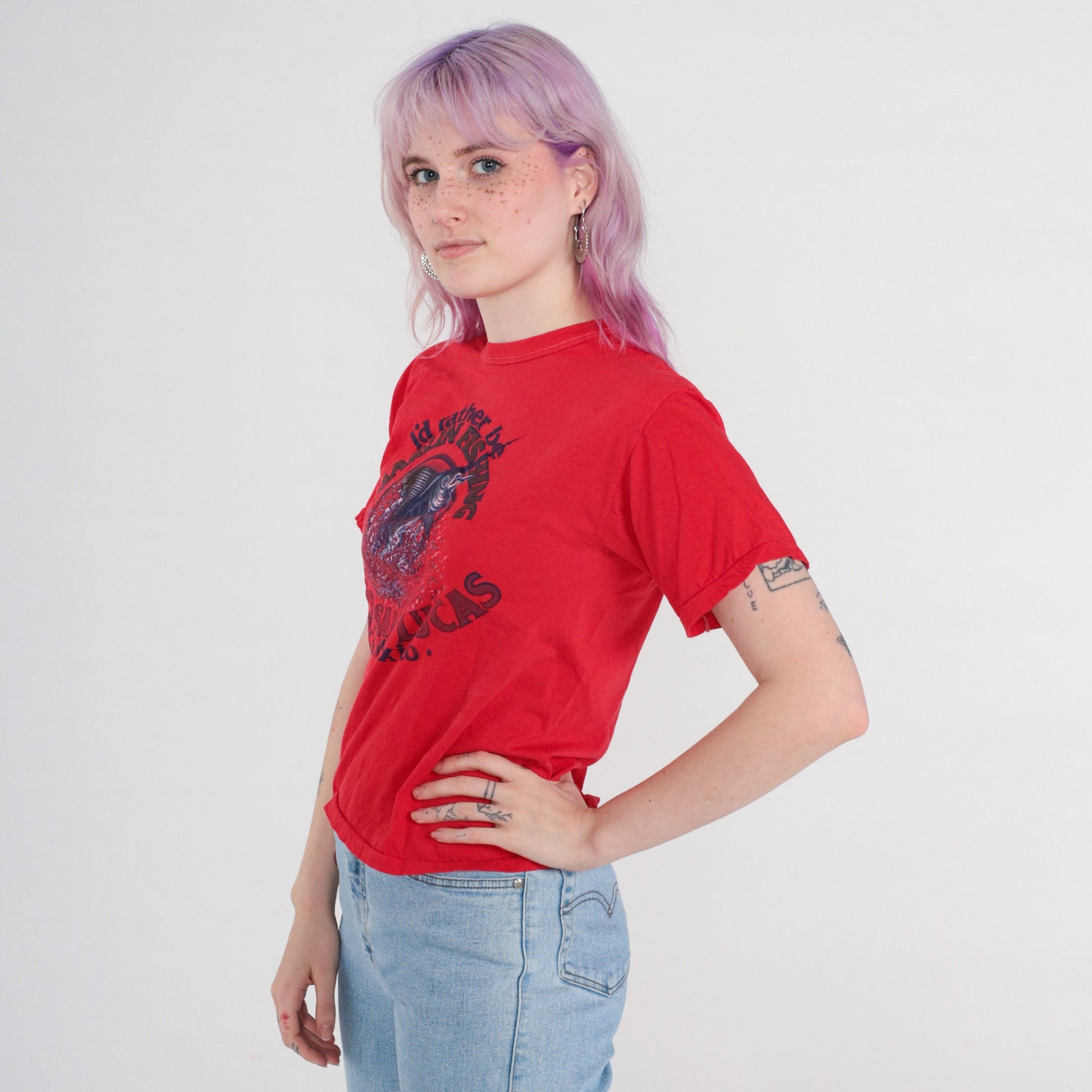 00s Cabo San Lucas Marlin Fishing Graphic T-Shirt Red Mexico Tee Small