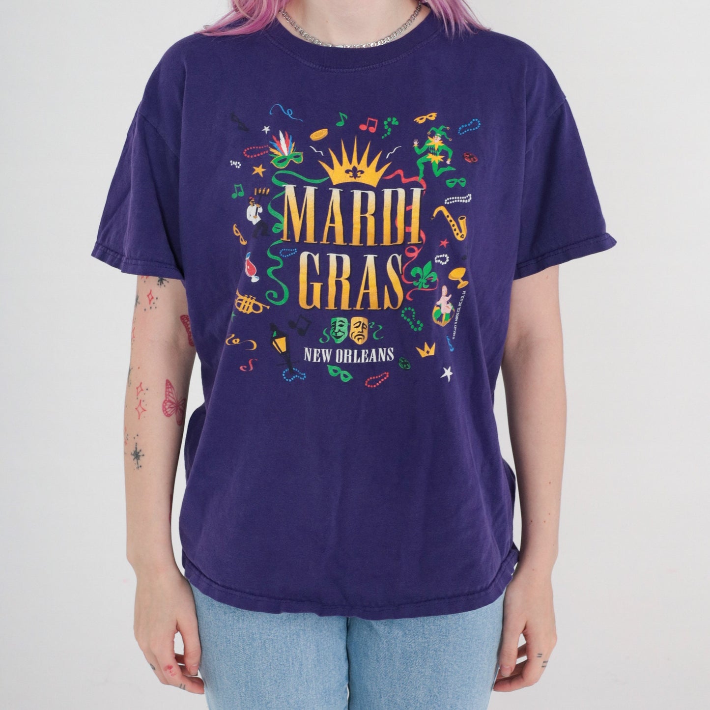 90s New Orleans Mardi Gras Masquerade Graphic T-Shirt Purple Jerzees Large