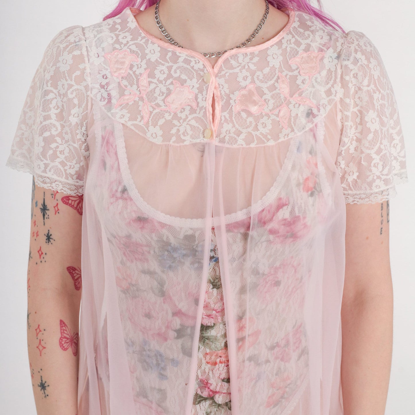 70s Baby Pink Sheer Nylon Lingerie Robe Lace Puff Sleeve Small