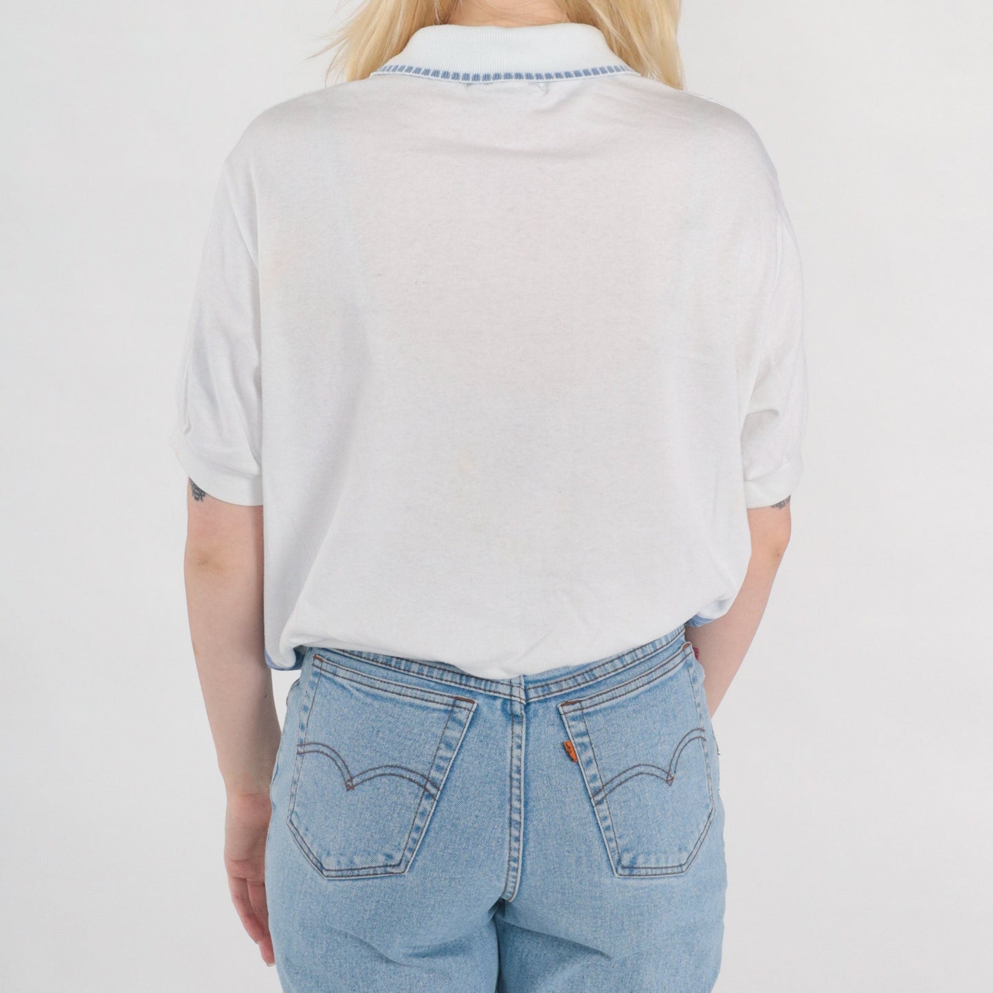 90s Floral Striped Blouse White Blue Collared Short Sleeve Large L