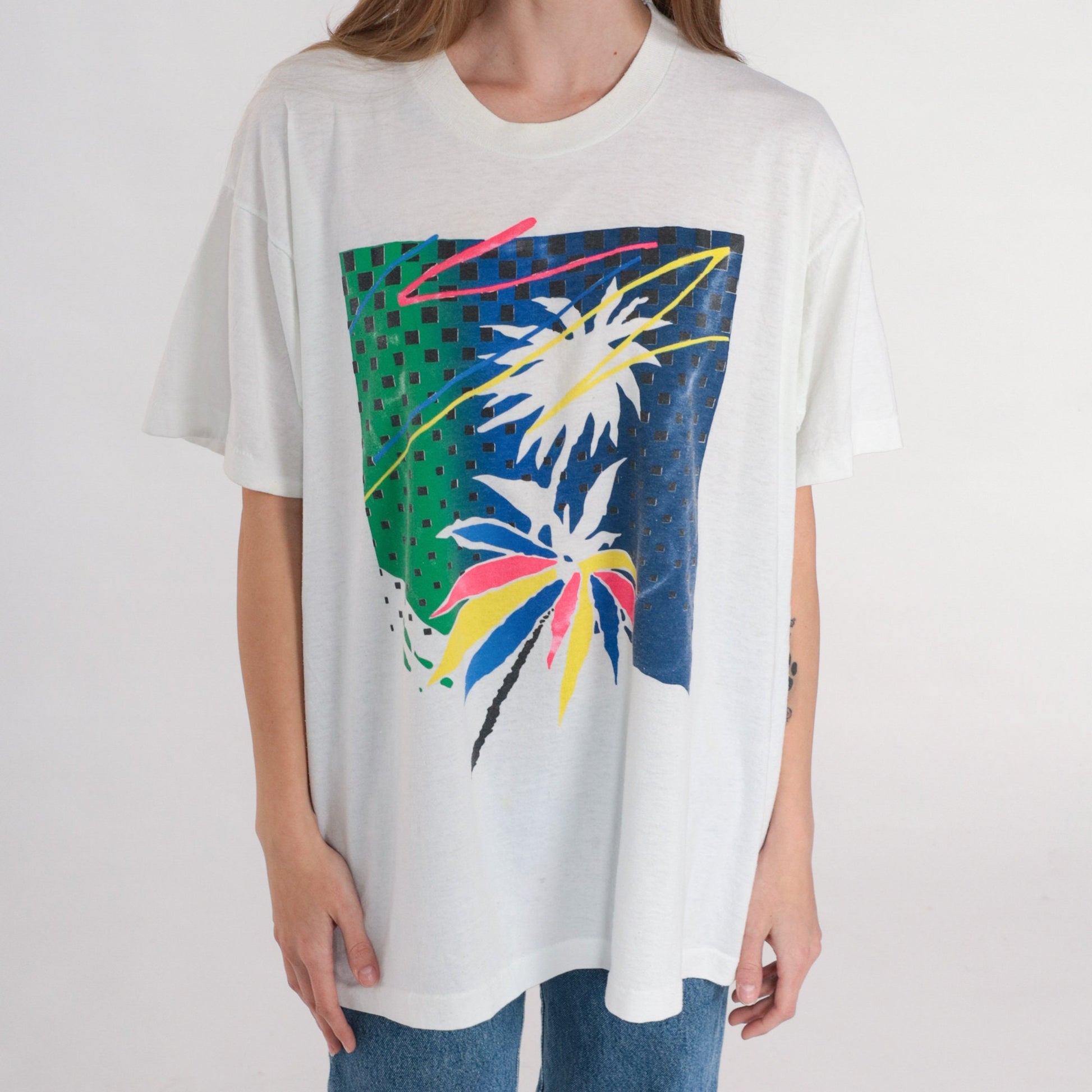 90s Tropical Palm Tree Graphic T-Shirt Single Stitch White Extra Large XL