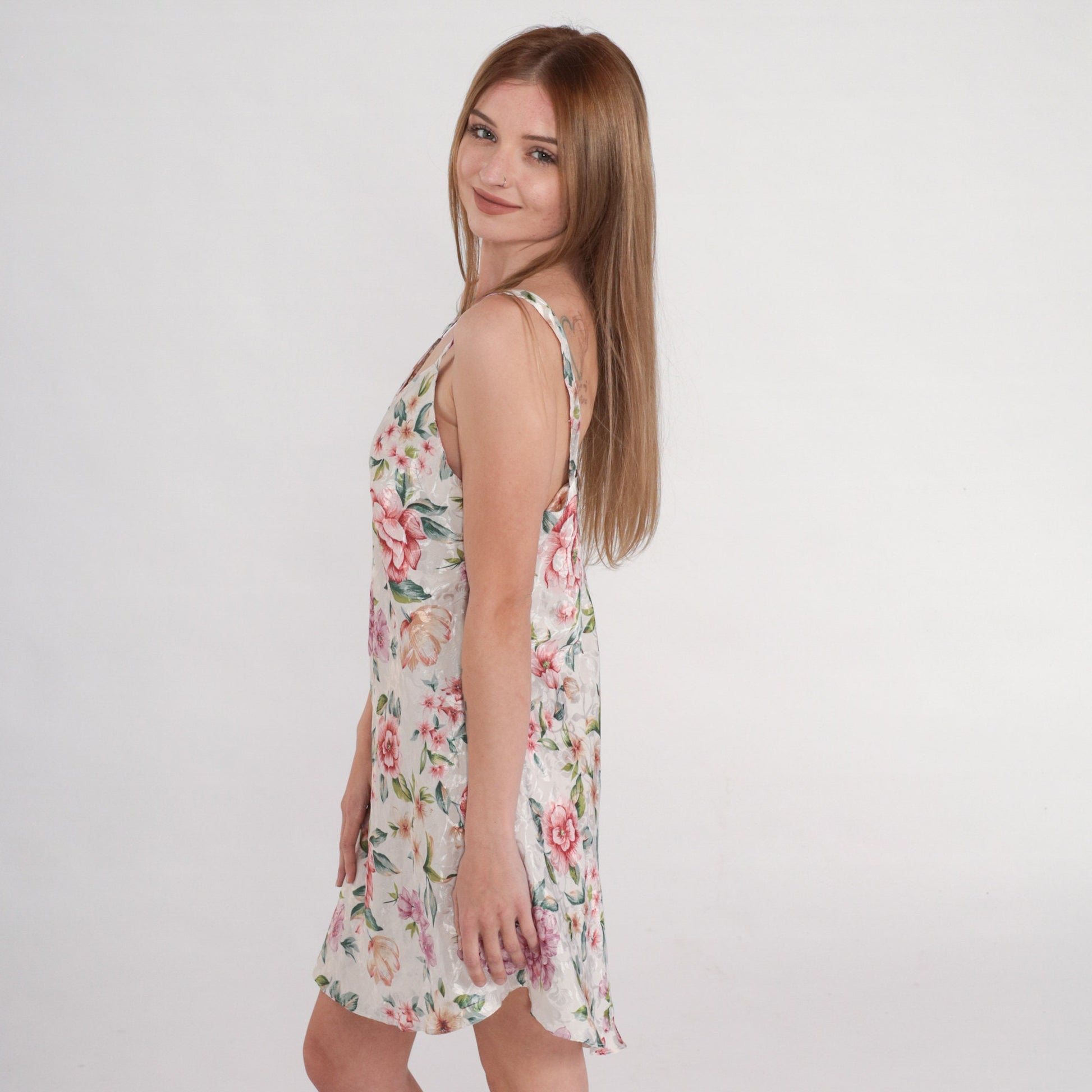 90s Floral Embossed Leaf Slip Dress Mini Chemise White Pink Medium