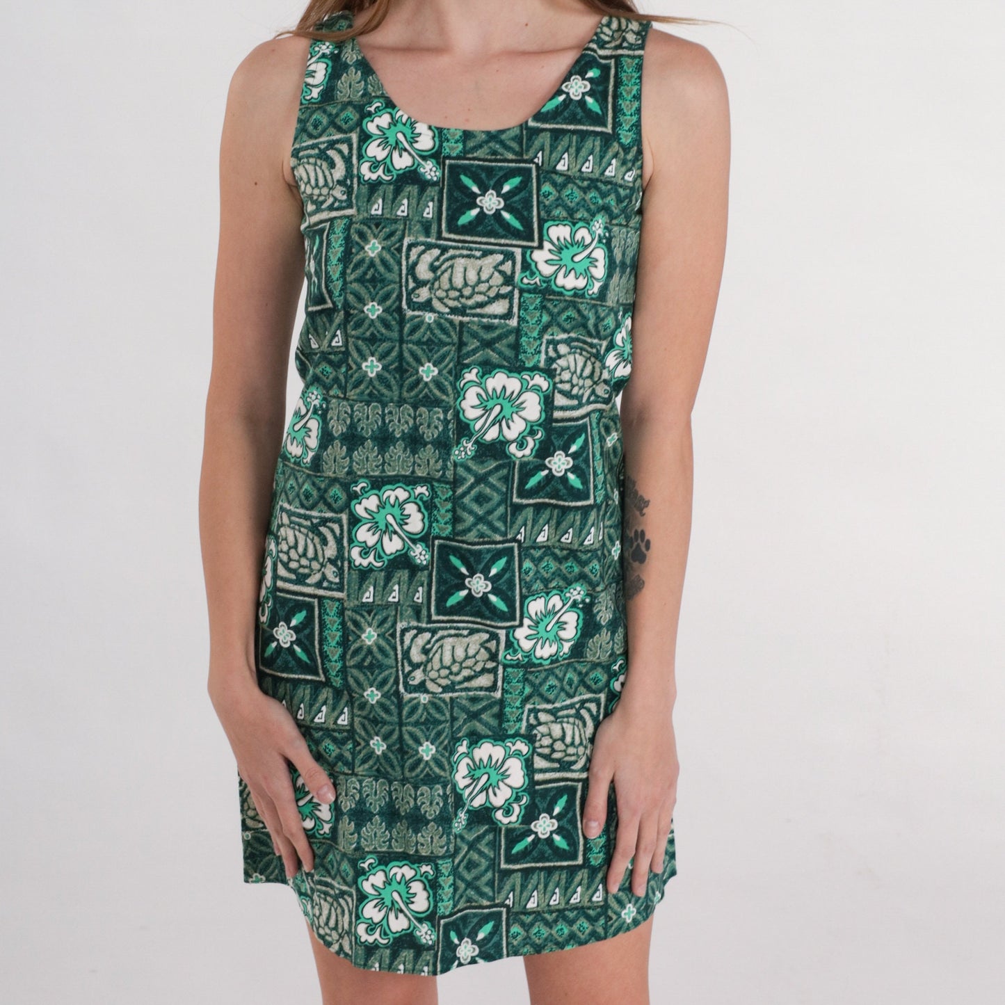 90s Tropical Mini Dress Green Turtle Hibiscus Cotton Sleeveless XS