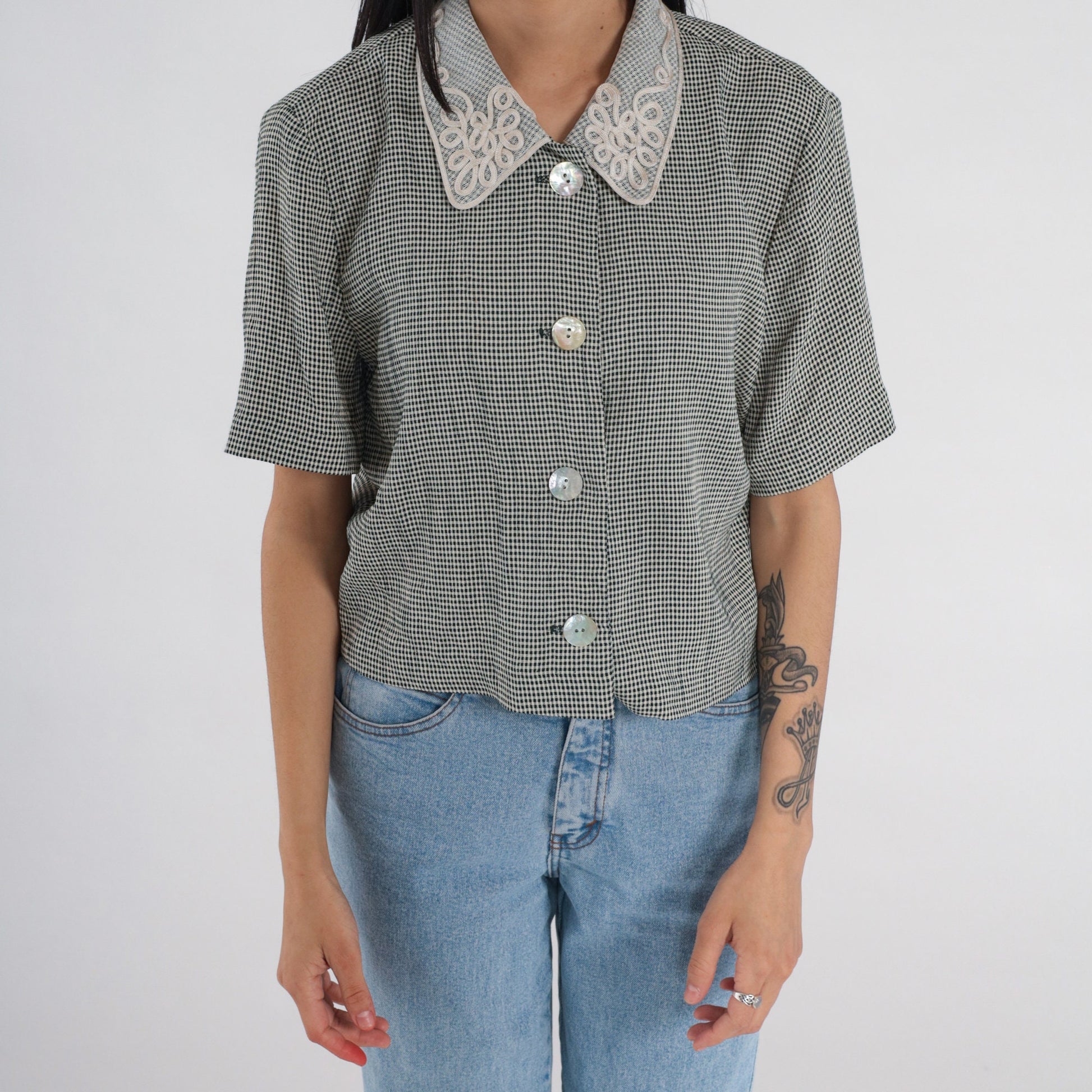 90s Black White Gingham Button-Up Blouse Soutache Collar Short Sleeve Medium M