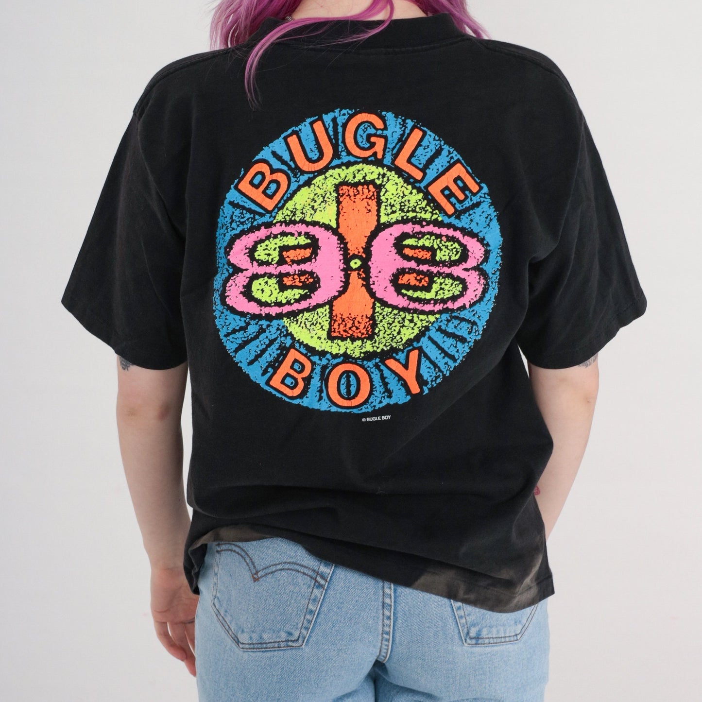 90s Bugle Boy Neon Spellout Graphic T-Shirt Black Cotton Medium