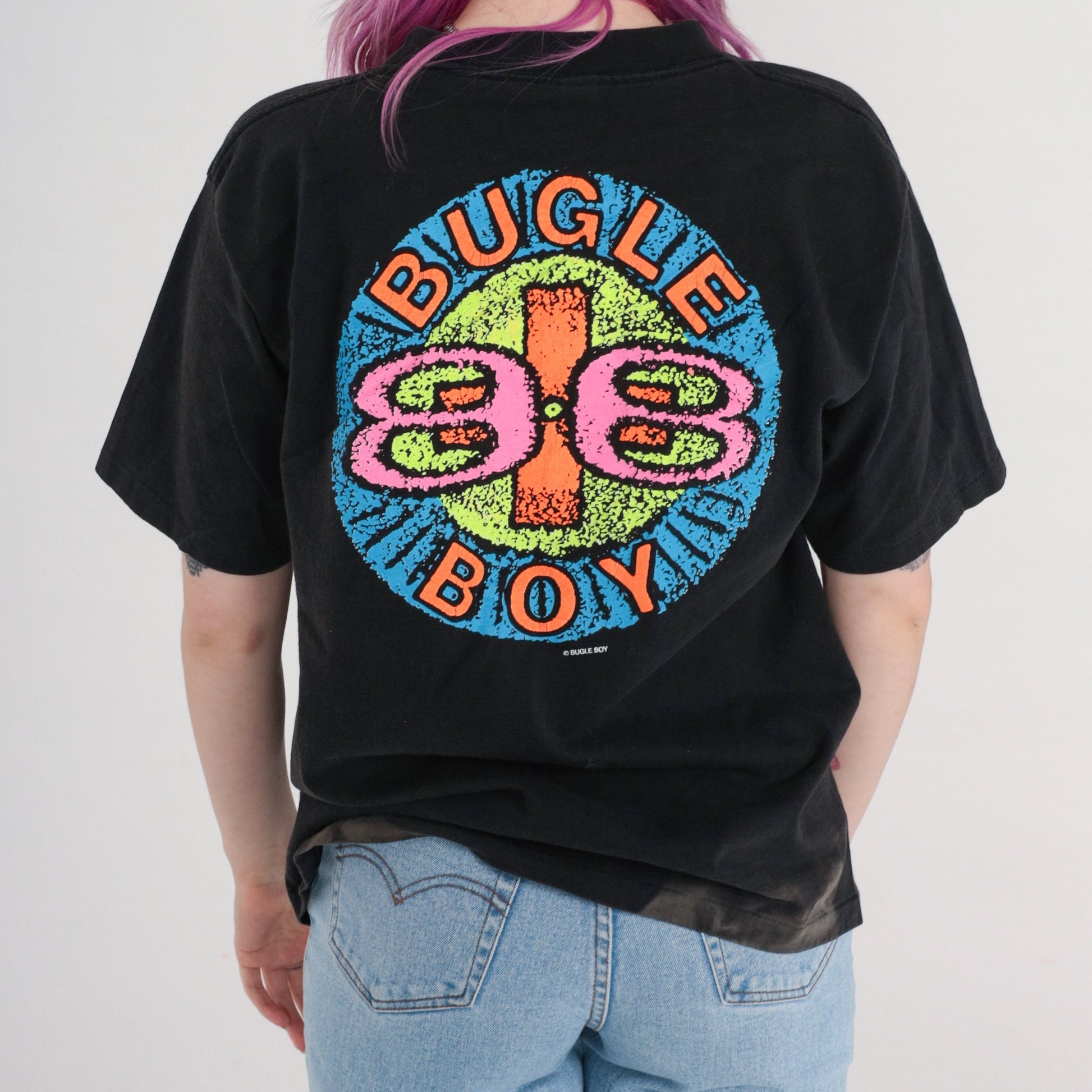 90s Bugle Boy Neon Spellout Graphic T-Shirt Black Cotton Medium