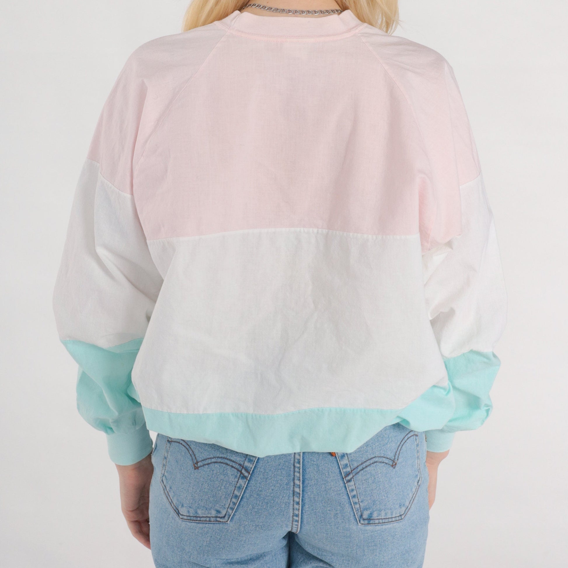 80s AT&T Color Block Long Sleeve Shirt Pink Aqua Crewneck Medium