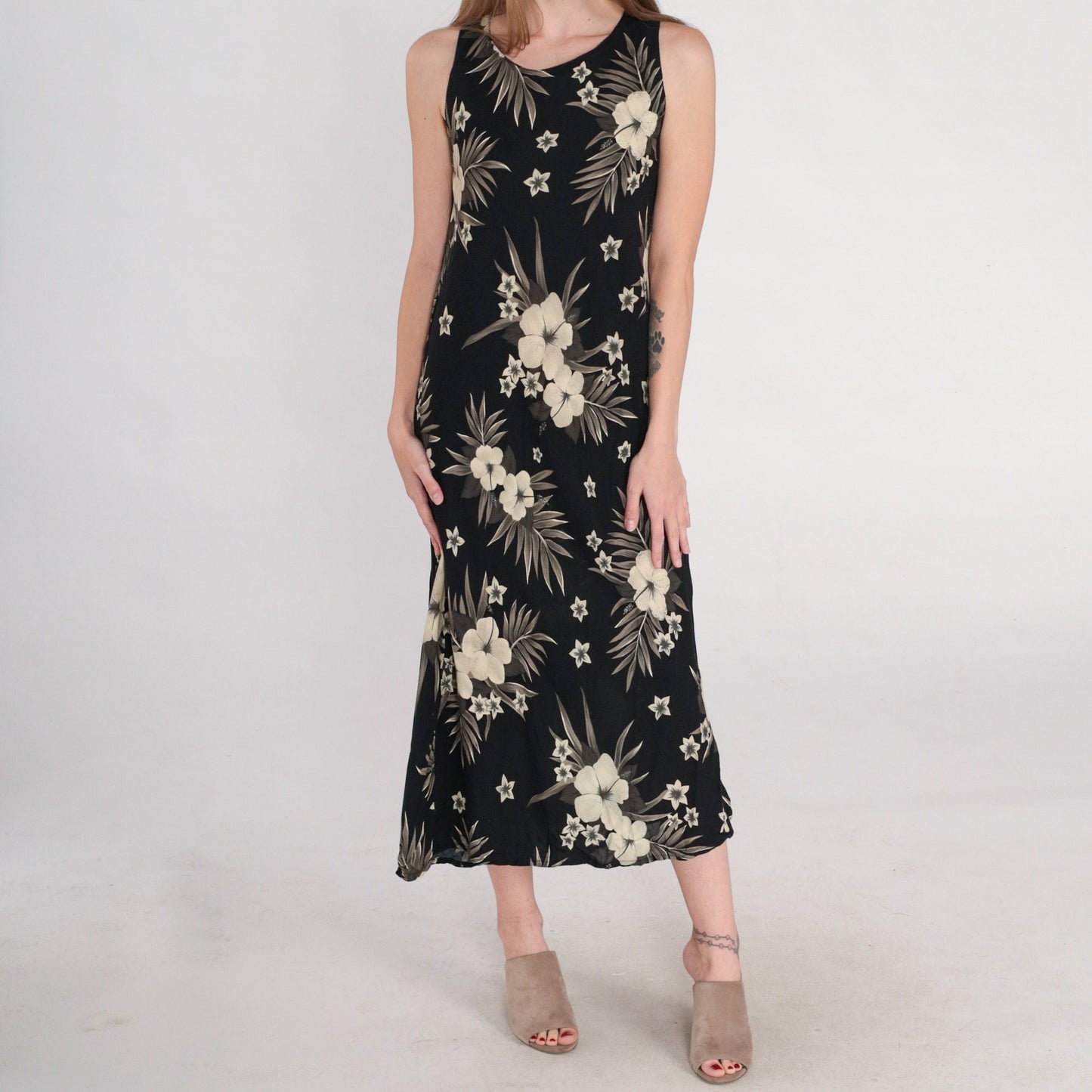 90s Black Tropical Floral Midi Dress Sleeveless Keyhole Back Small