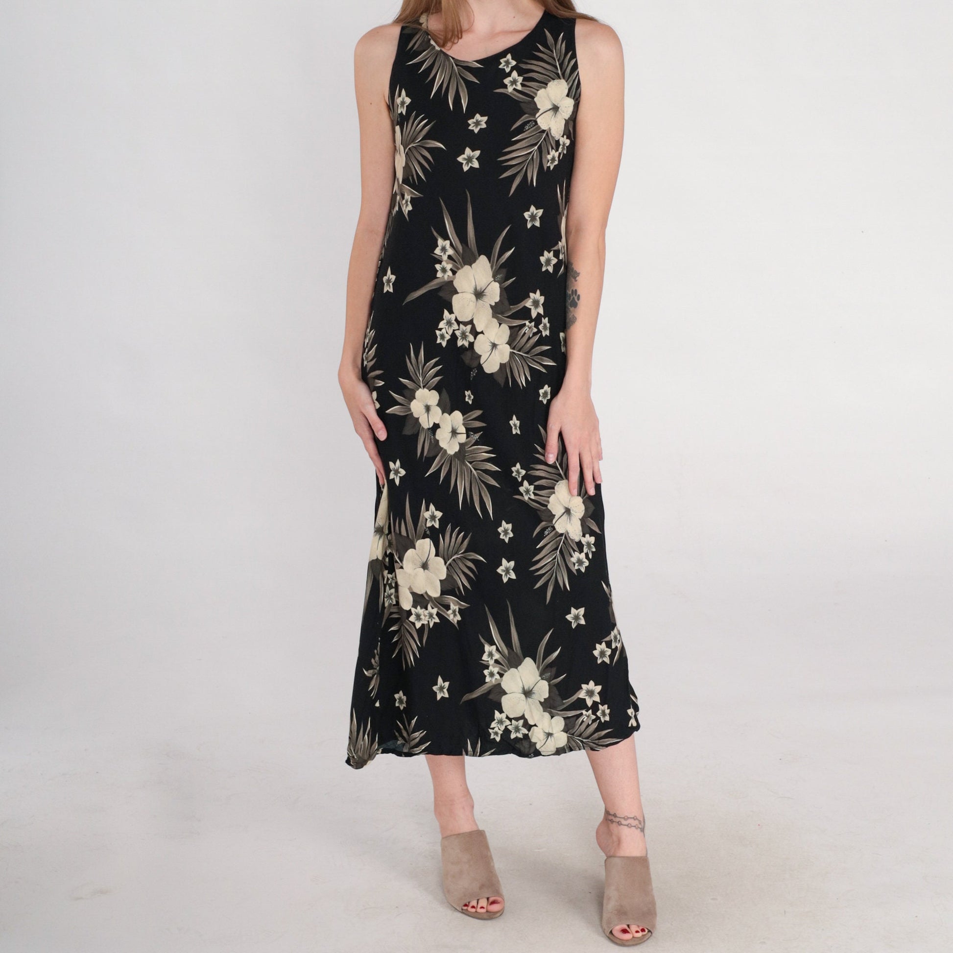 90s Black Tropical Floral Midi Dress Sleeveless Keyhole Back Small