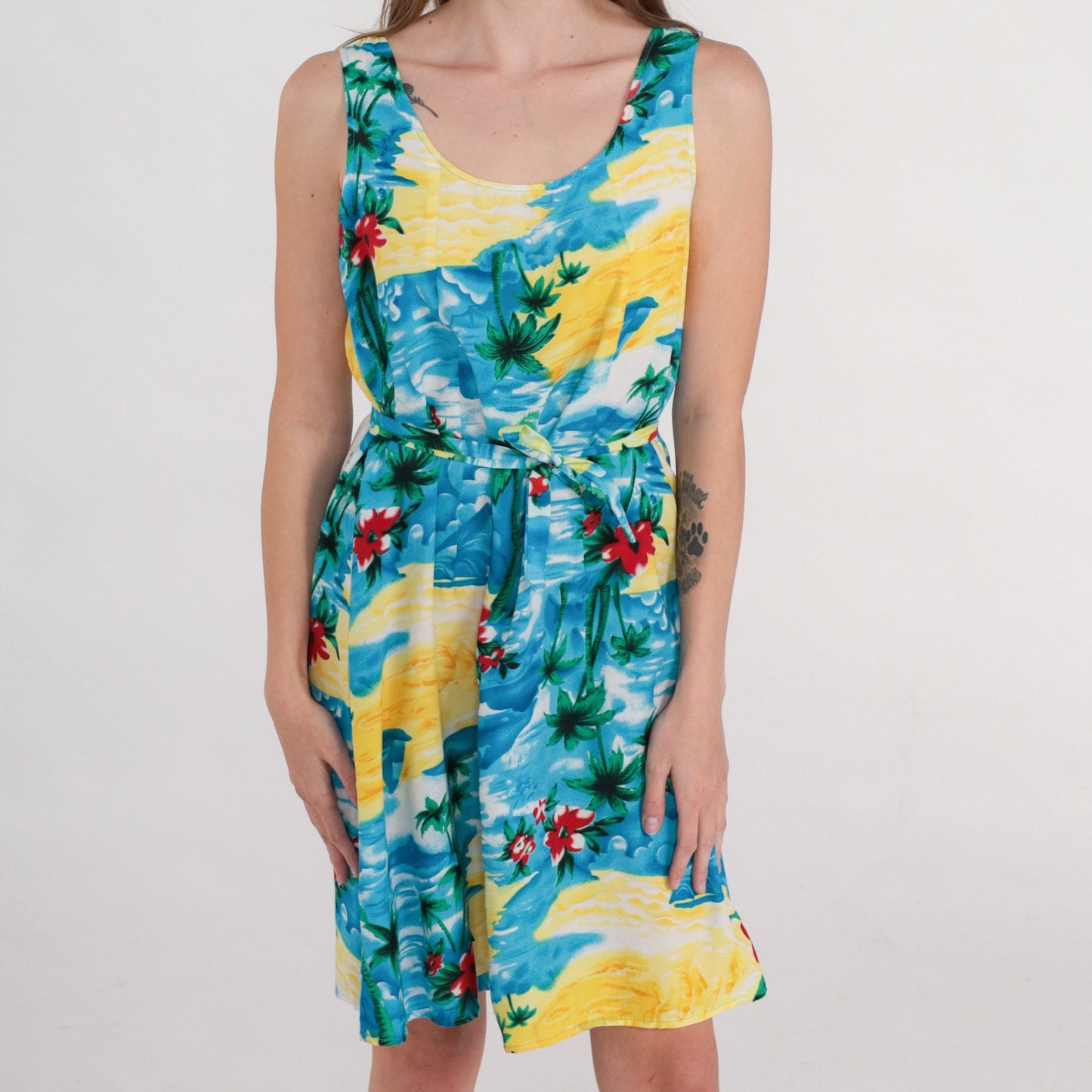 00s Blue Hawaiian Tropical Floral Mini Dress Sleeveless Tie Belt Small S