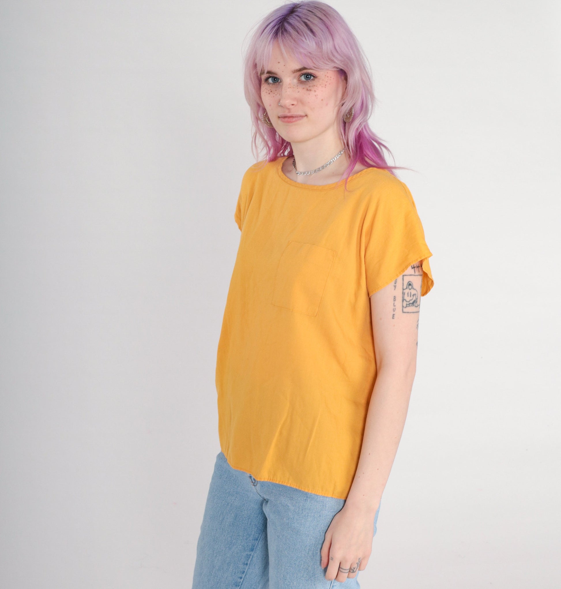 90s Mustard Yellow Cap Sleeve Blouse Pocket Top Medium