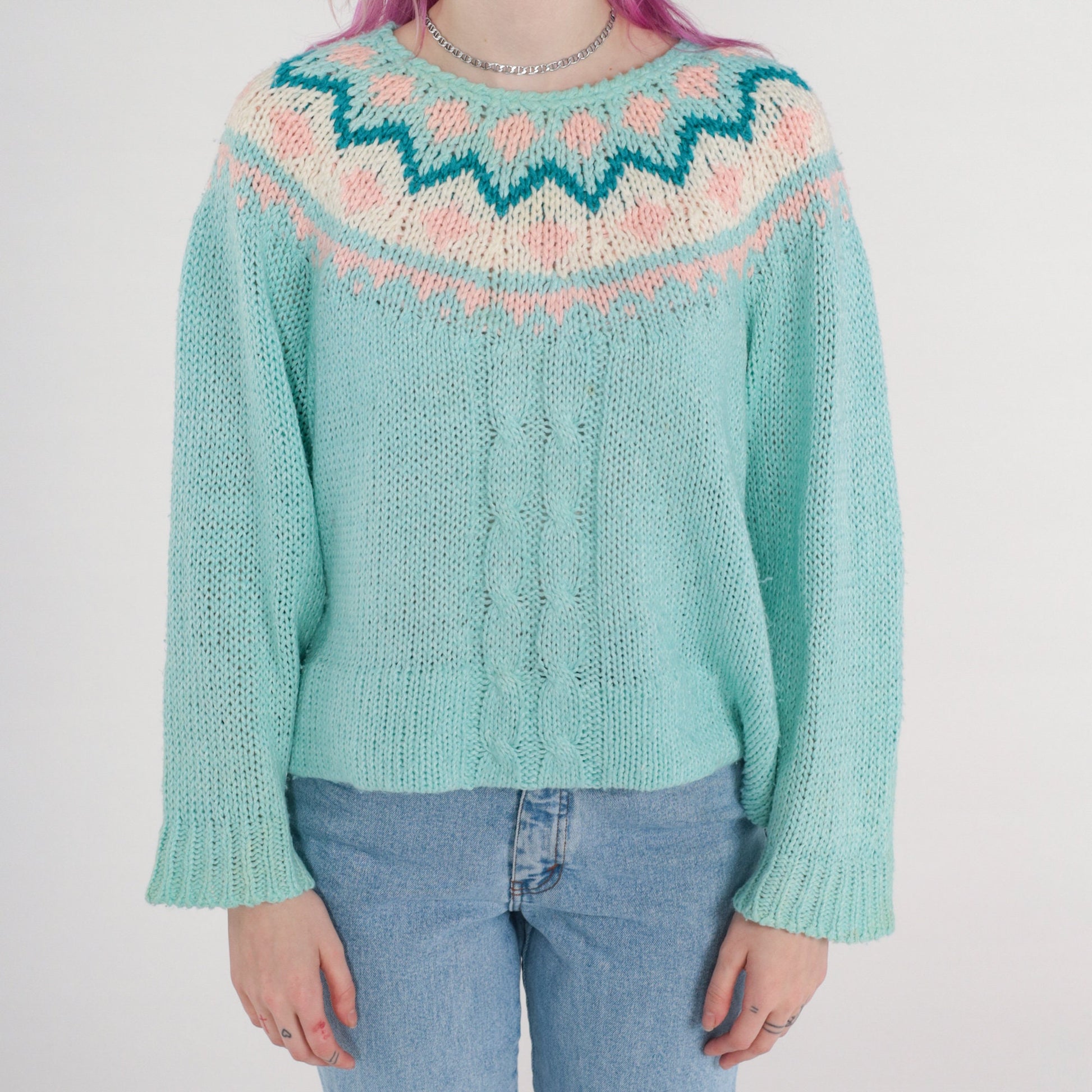 90s Hunters Glen Fair Isle Cable Knit Sweater Blue Pastel Large L