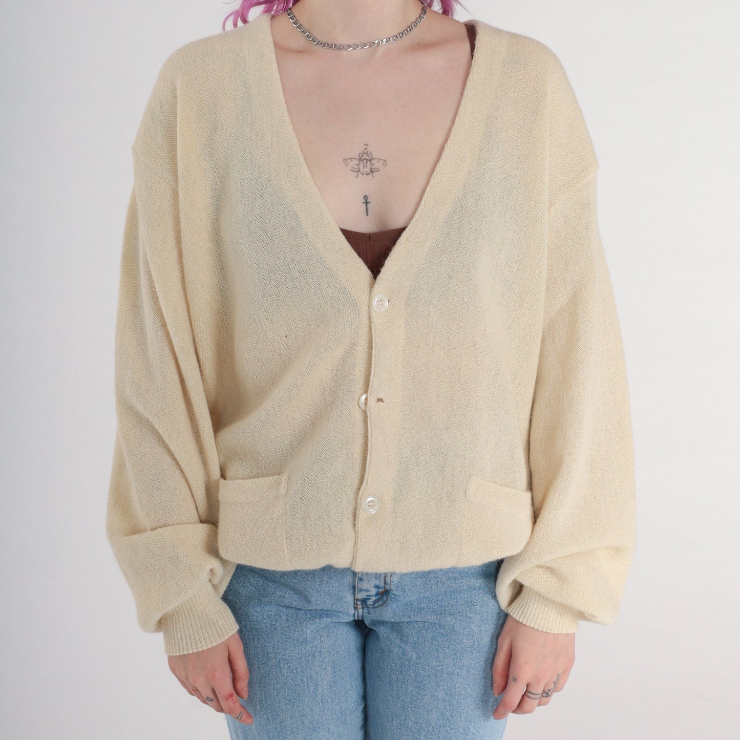 80s Alpaca Wool Cardigan Cream Button-Up Knit Sweater Men's Large L