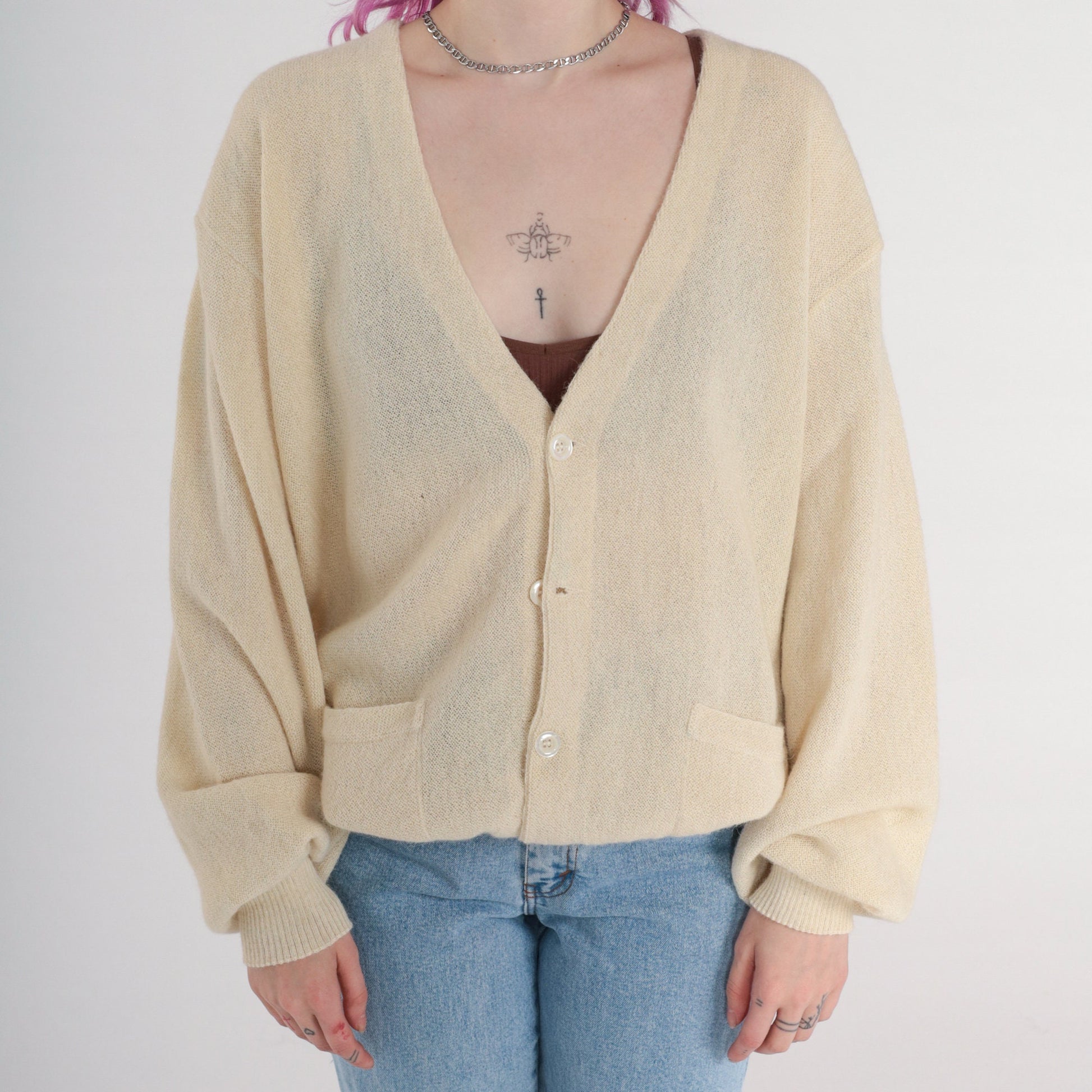 80s Alpaca Wool Cardigan Cream Button-Up Knit Sweater Men's Large L