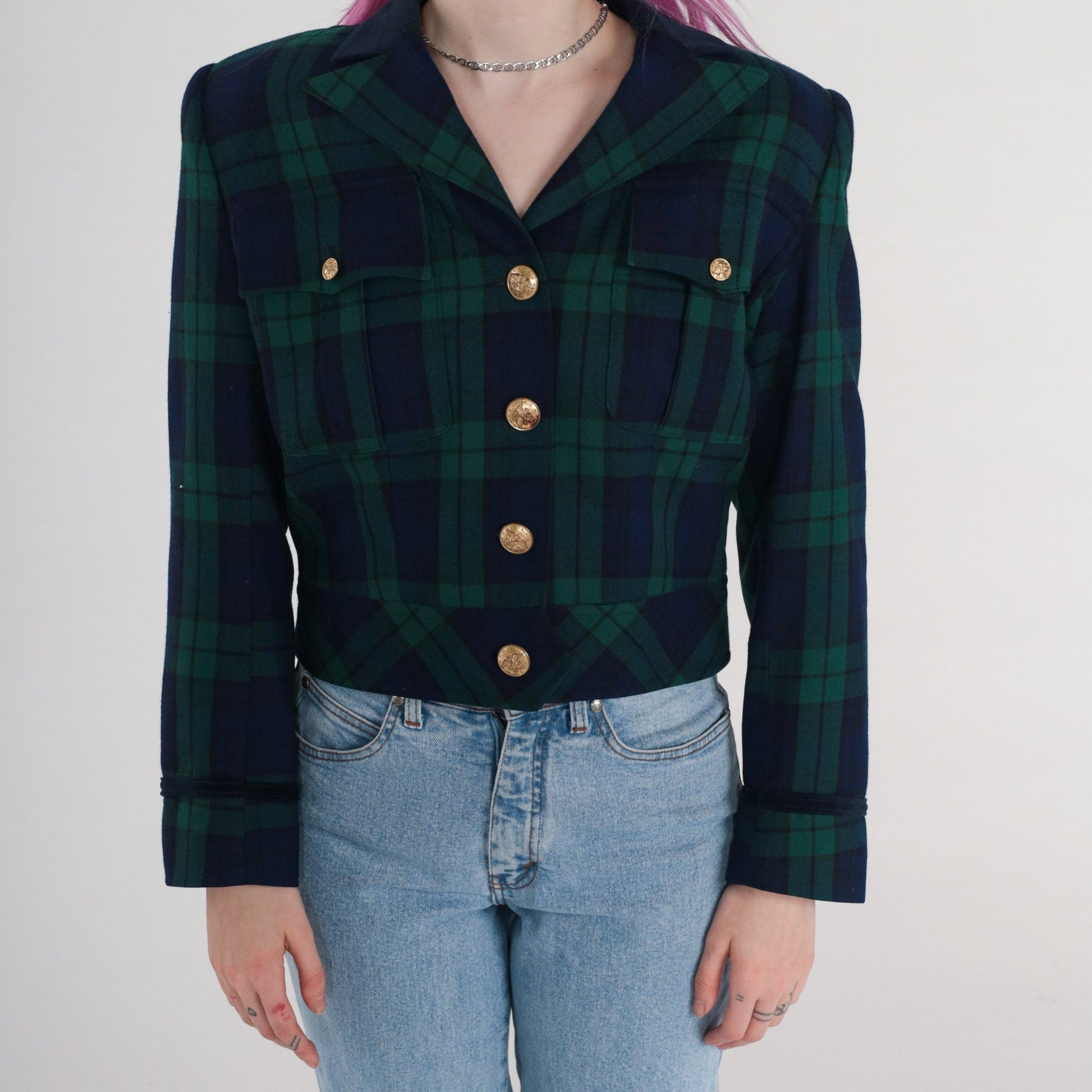 90s Talbots Plaid Wool Blazer Cropped Blue Green Tartan Small 6