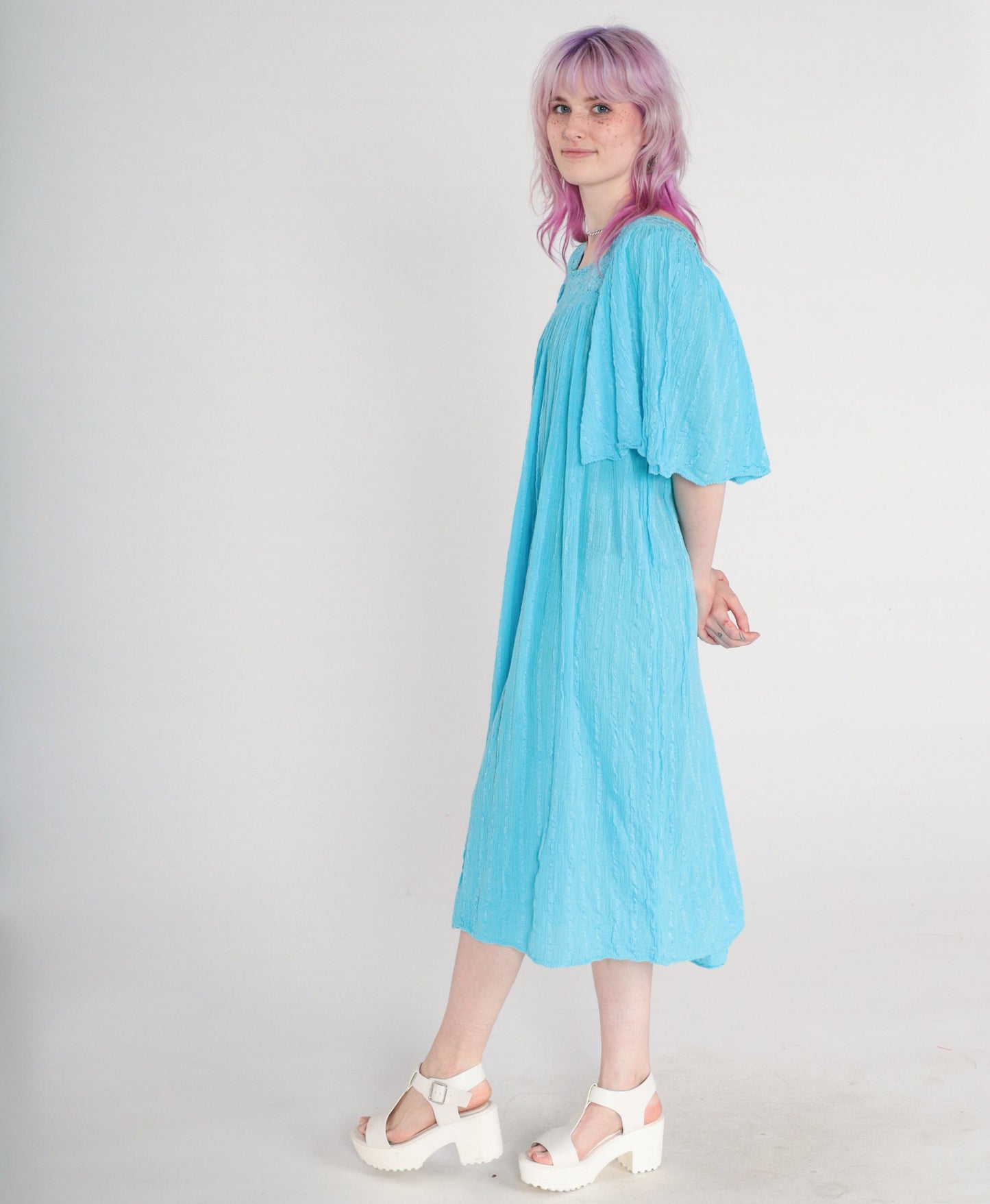 80s Blue Cotton Gauze Midi Dress Embroidered Cutout Flutter Sleeve Medium Large