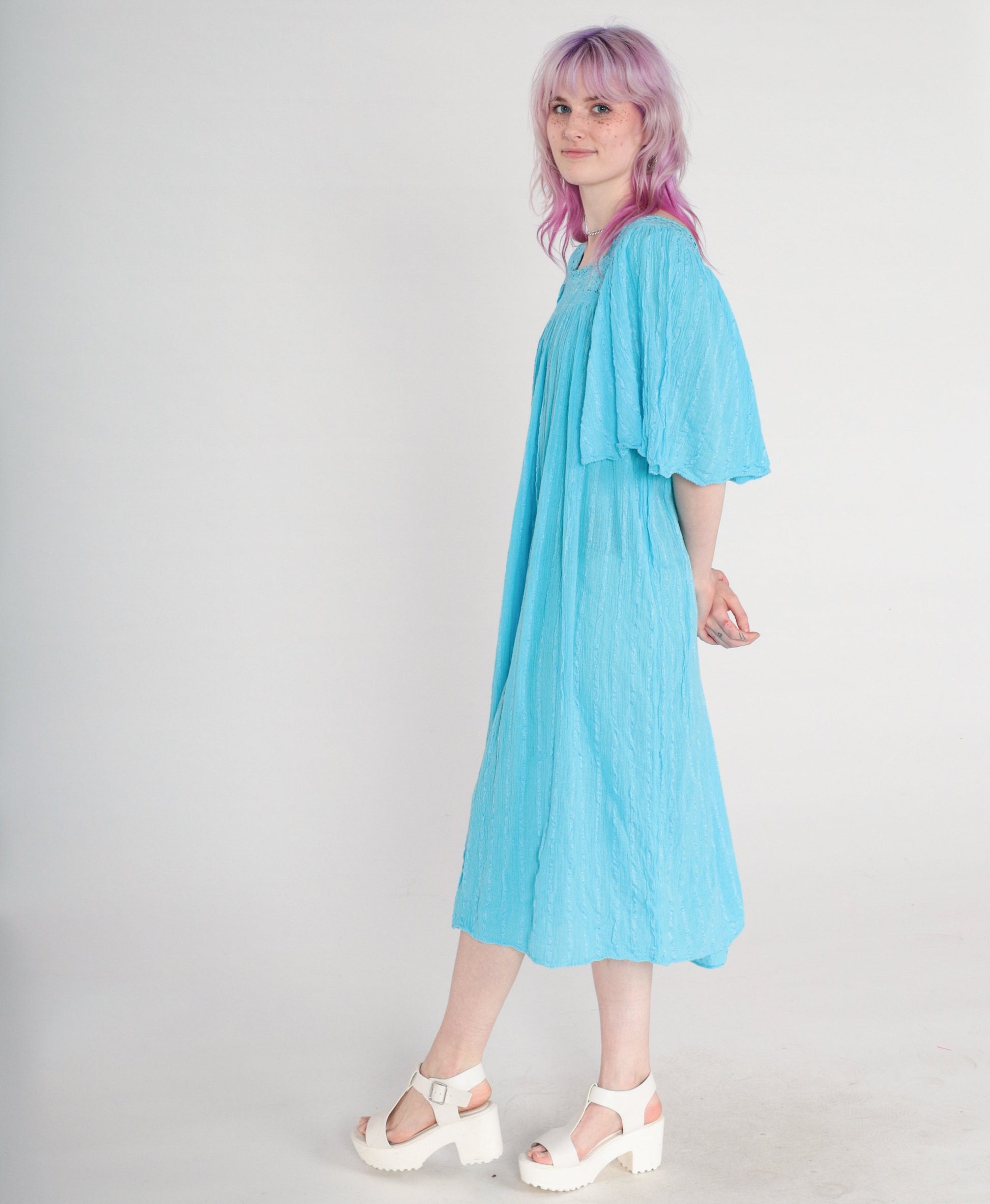 80s Blue Cotton Gauze Midi Dress Embroidered Cutout Flutter Sleeve Medium Large