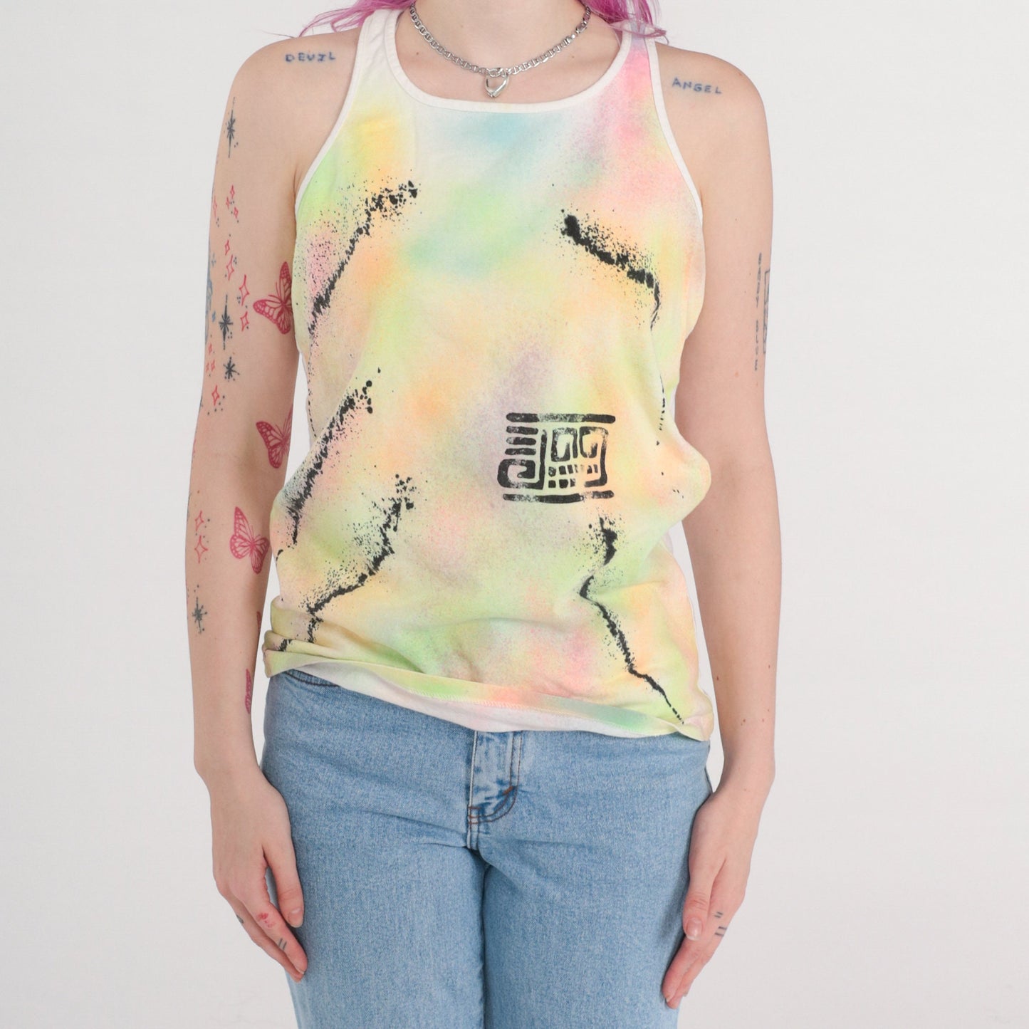 90s Airbrushed Neon Geometric Tank Top White Orange Green Small S