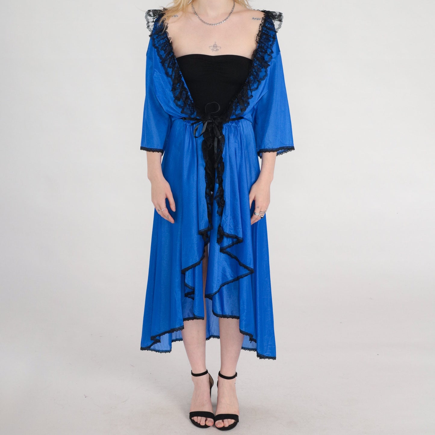 80s Frederick's of Hollywood Blue Lace Lingerie Robe High Low Hem Medium