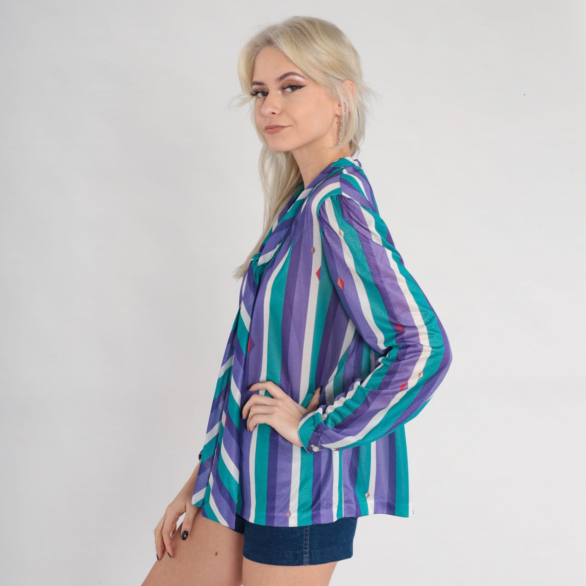 70s Striped Necktie Blouse Purple Green White Diamond Print Button Up Medium