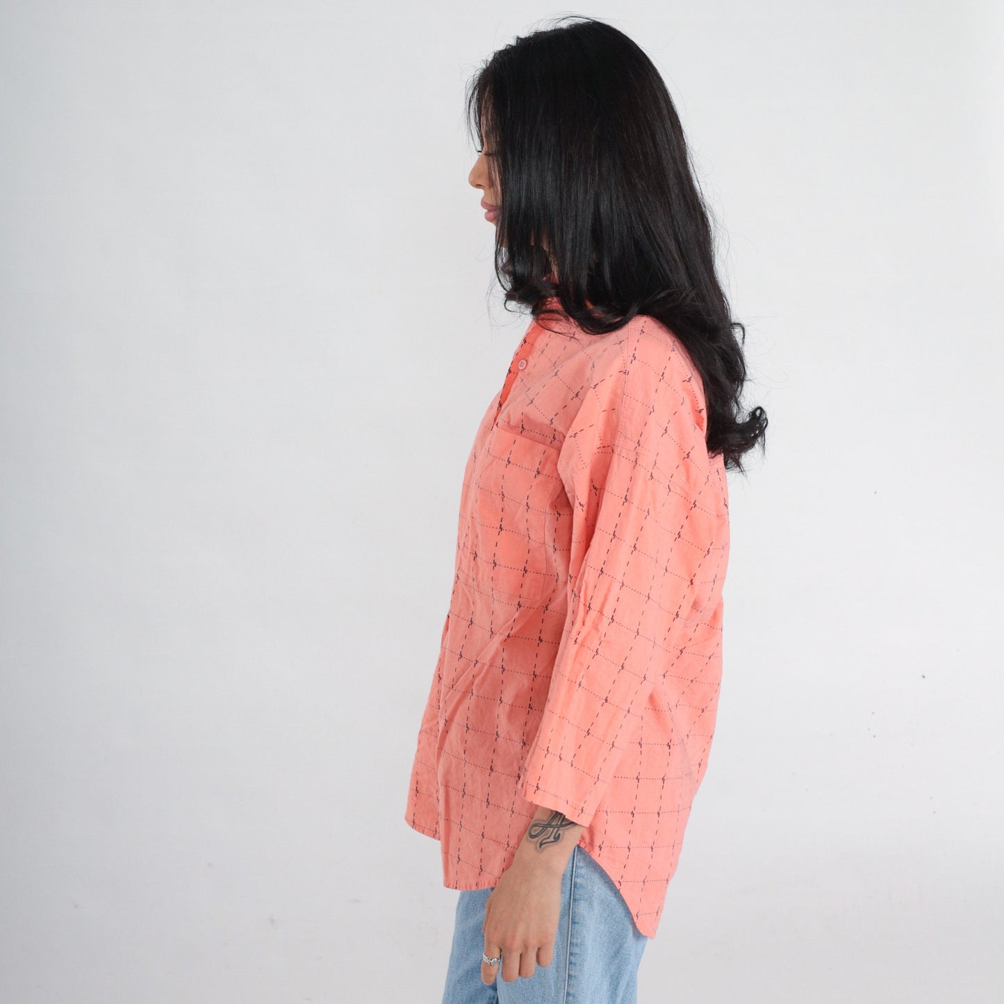 90s Peach Pink Checkered Cotton Button-Up Shirt 3/4 Sleeve Medium