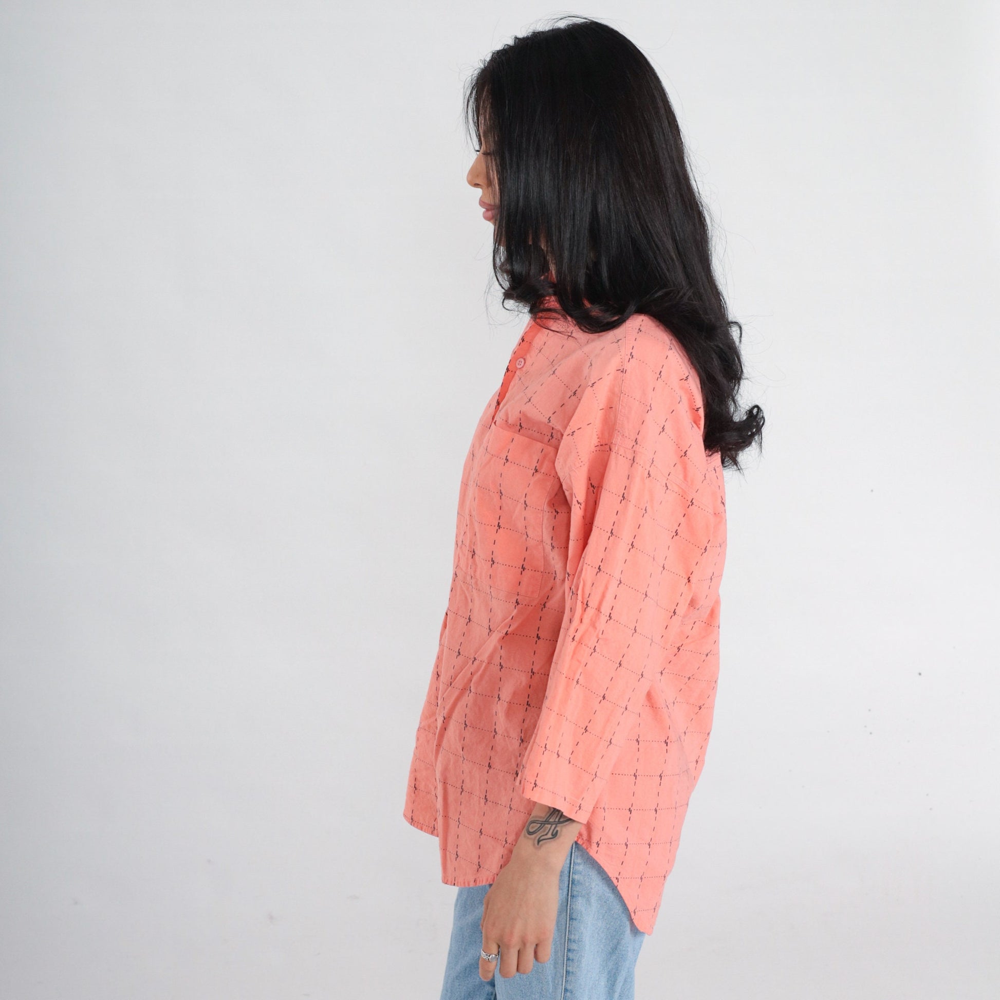90s Peach Pink Checkered Cotton Button-Up Shirt 3/4 Sleeve Medium