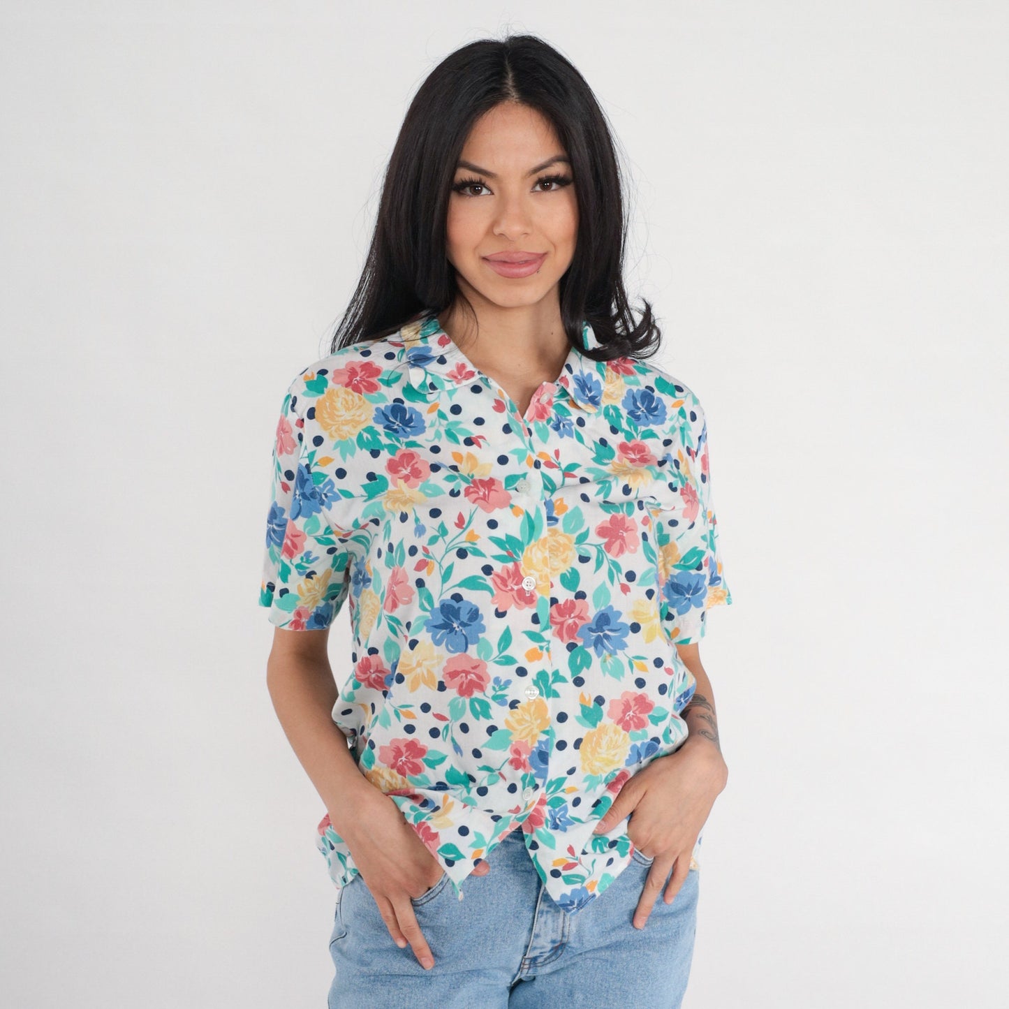 80s Floral Polka Dot Button-Up Blouse White Short Sleeve Medium M