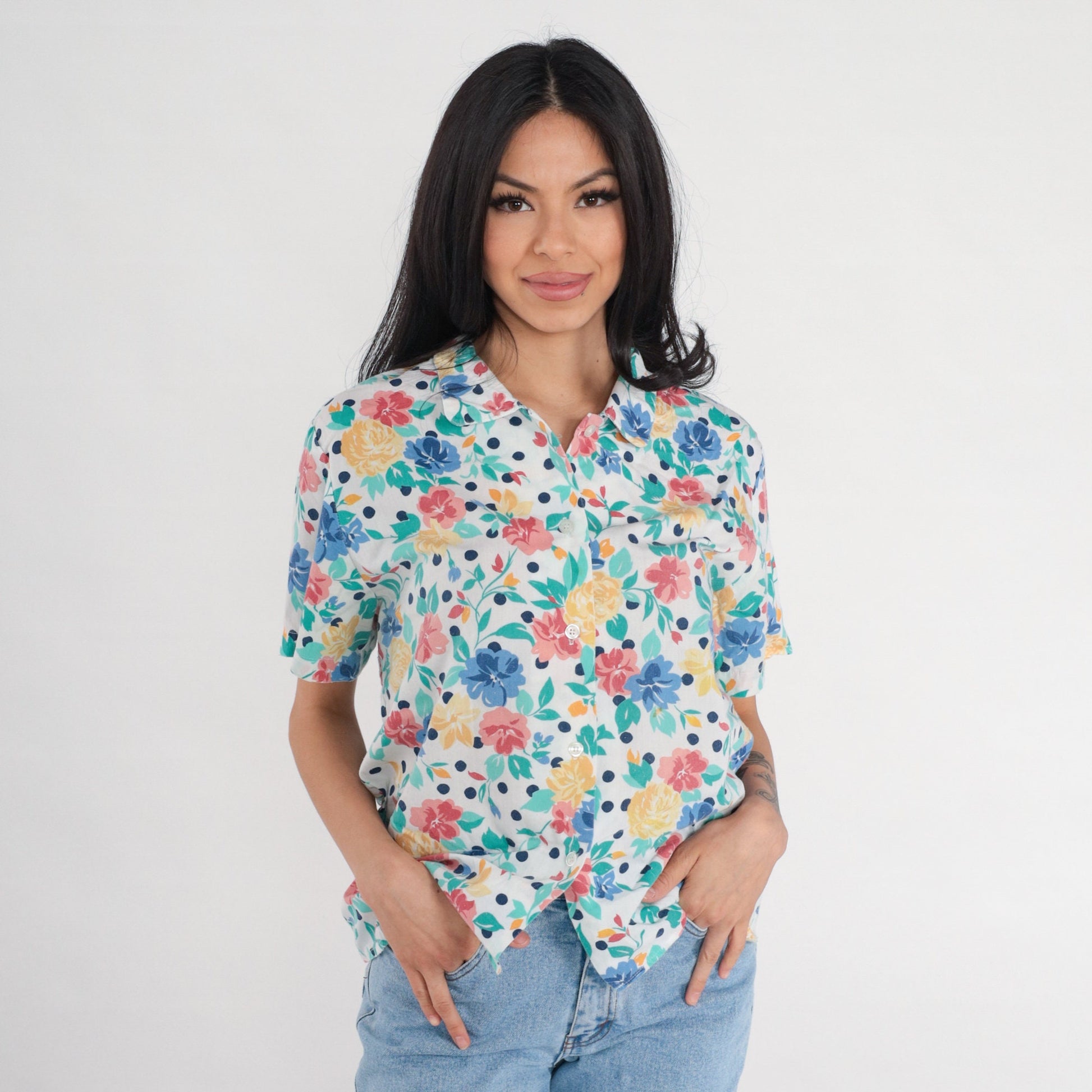 80s Floral Polka Dot Button-Up Blouse White Short Sleeve Medium M
