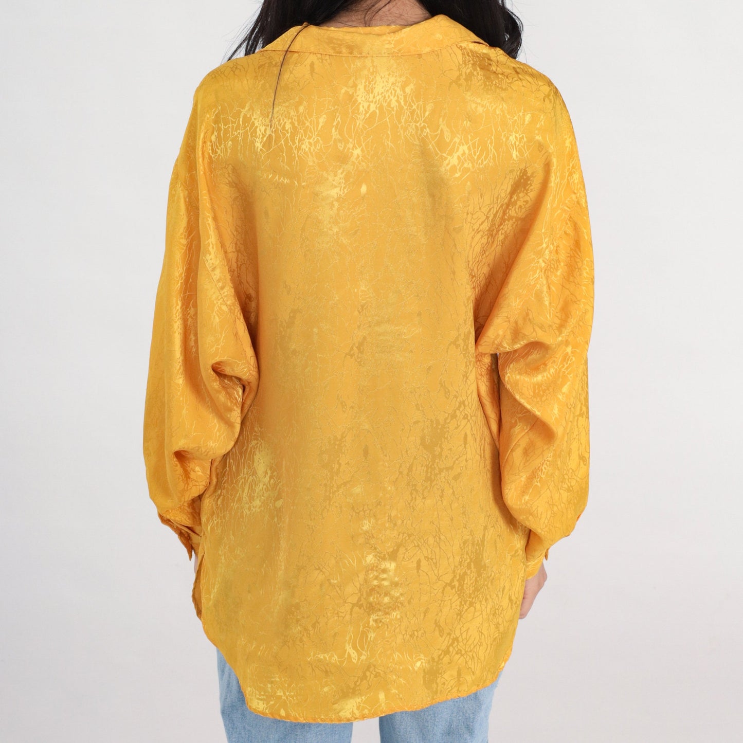 80s Yellow Embossed Abstract Button-Up Blouse Long Sleeve Collared Large L