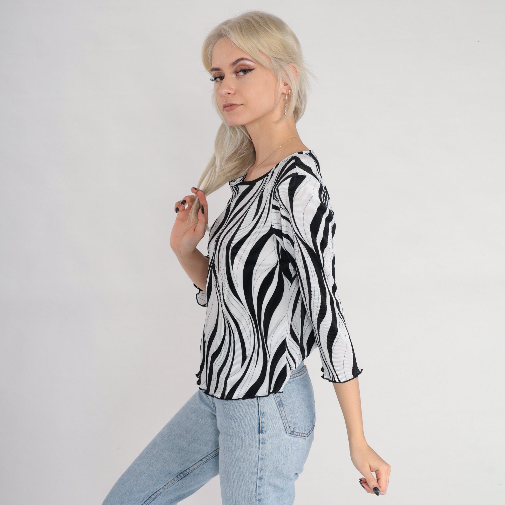 00s Black and White Abstract Pleated Blouse Zebra Print 3/4 Sleeve Medium Large