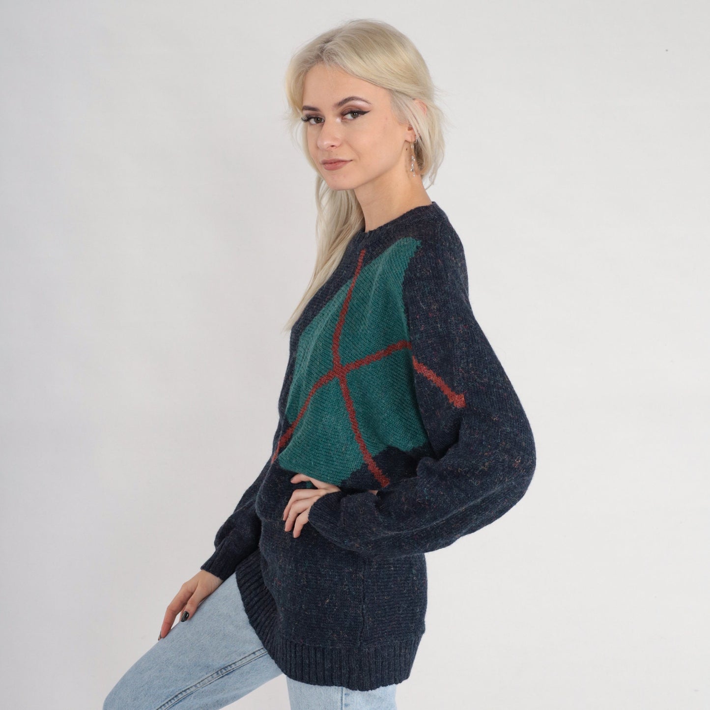 80s Navy Argyle Diamond Knit Crewneck Pullover Sweater Small S