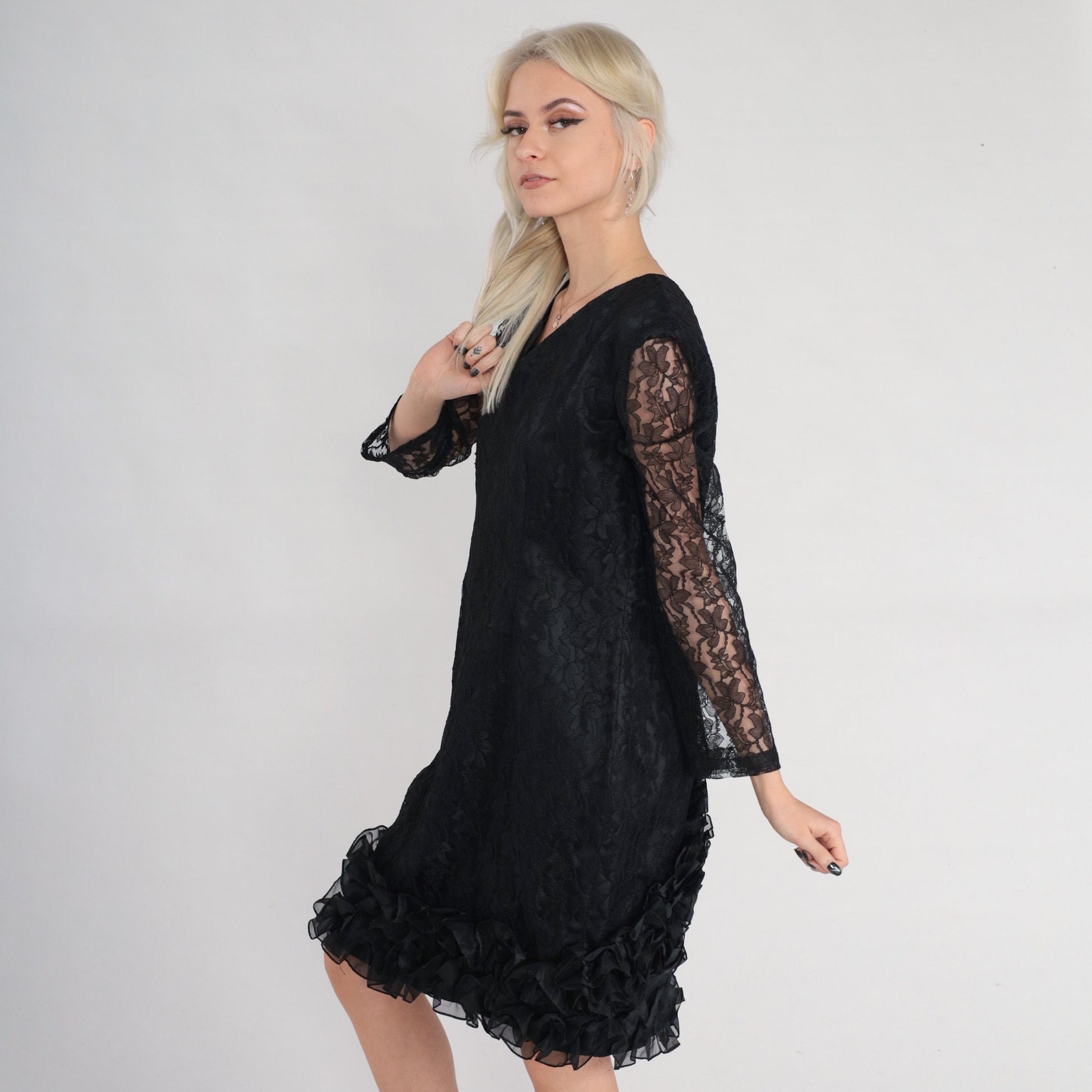 80s Black Lace Mini Dress V-Neck Ruffled Hem Long Sheer Sleeve Medium