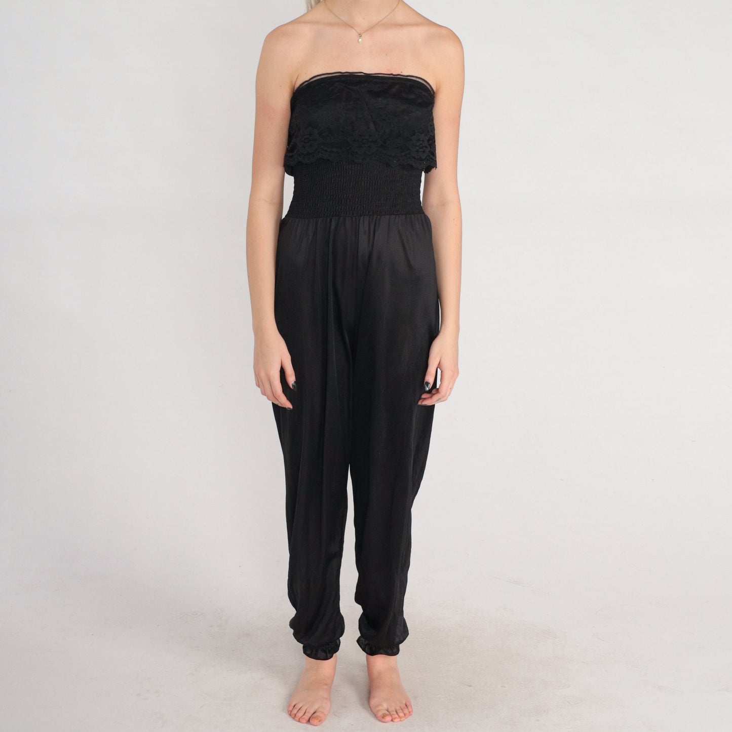 80s Black Strapless Lingerie Jumpsuit Lace Trim High Waist Nylon Medium Large