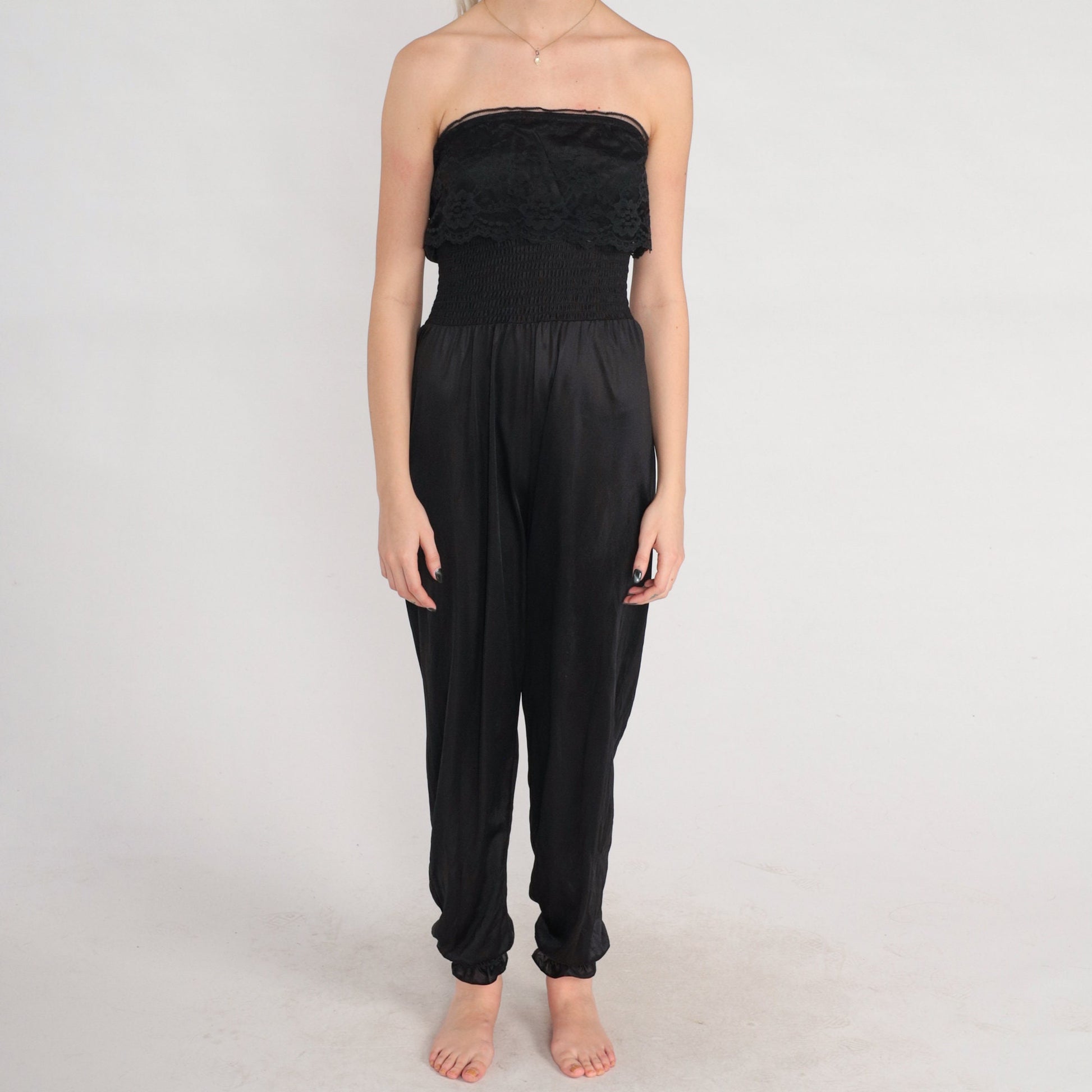 80s Black Strapless Lingerie Jumpsuit Lace Trim High Waist Nylon Medium Large