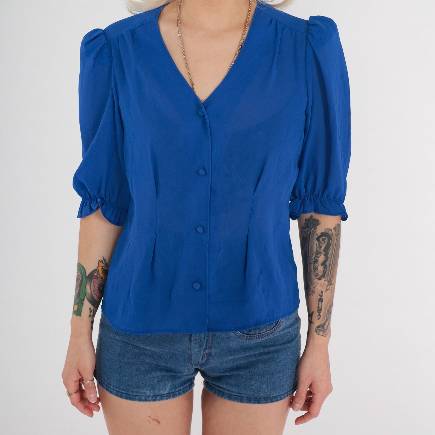 70s Royal Blue Sheer Blouse Puff Sleeve Button Up V Neck Small