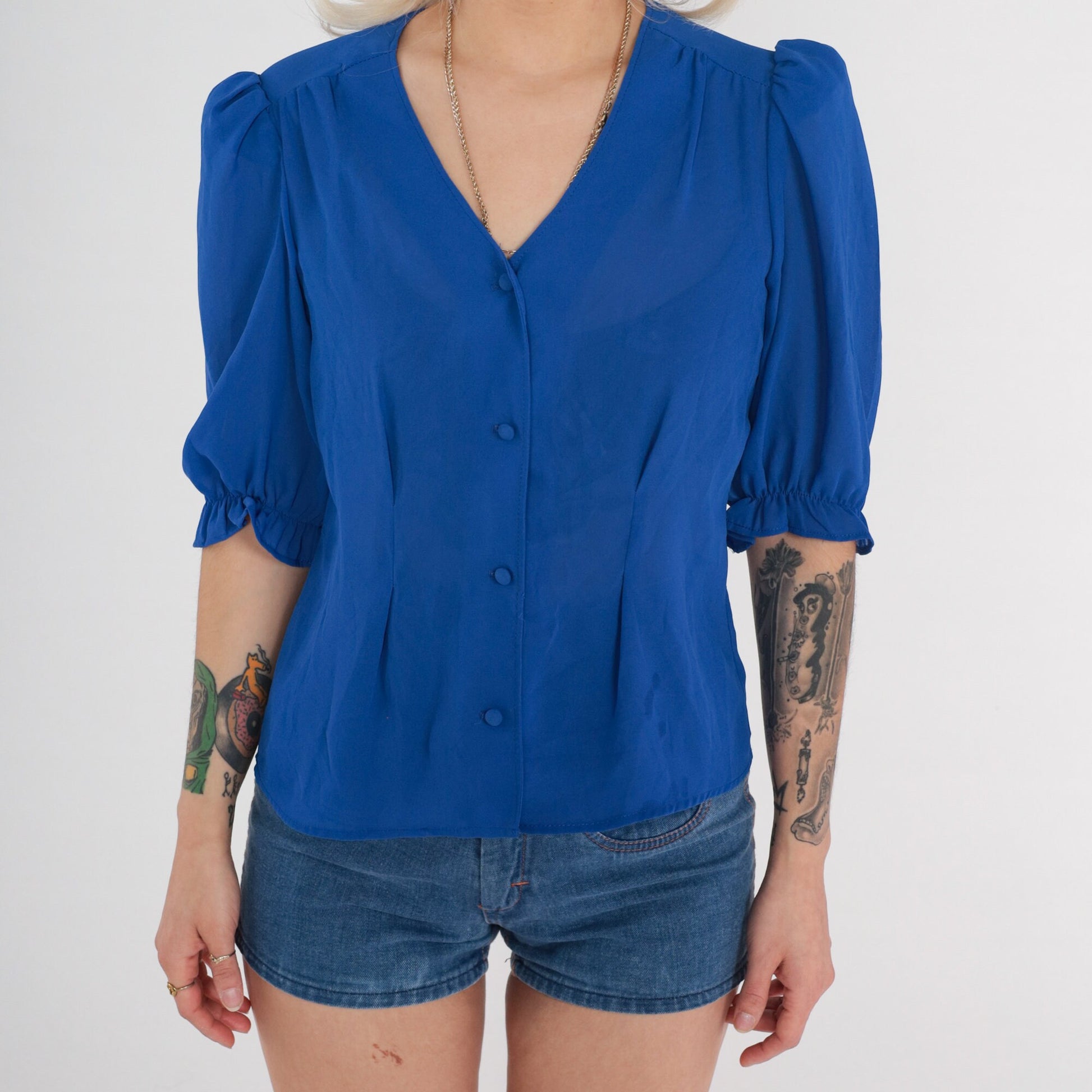 70s Royal Blue Sheer Blouse Puff Sleeve Button Up V Neck Small