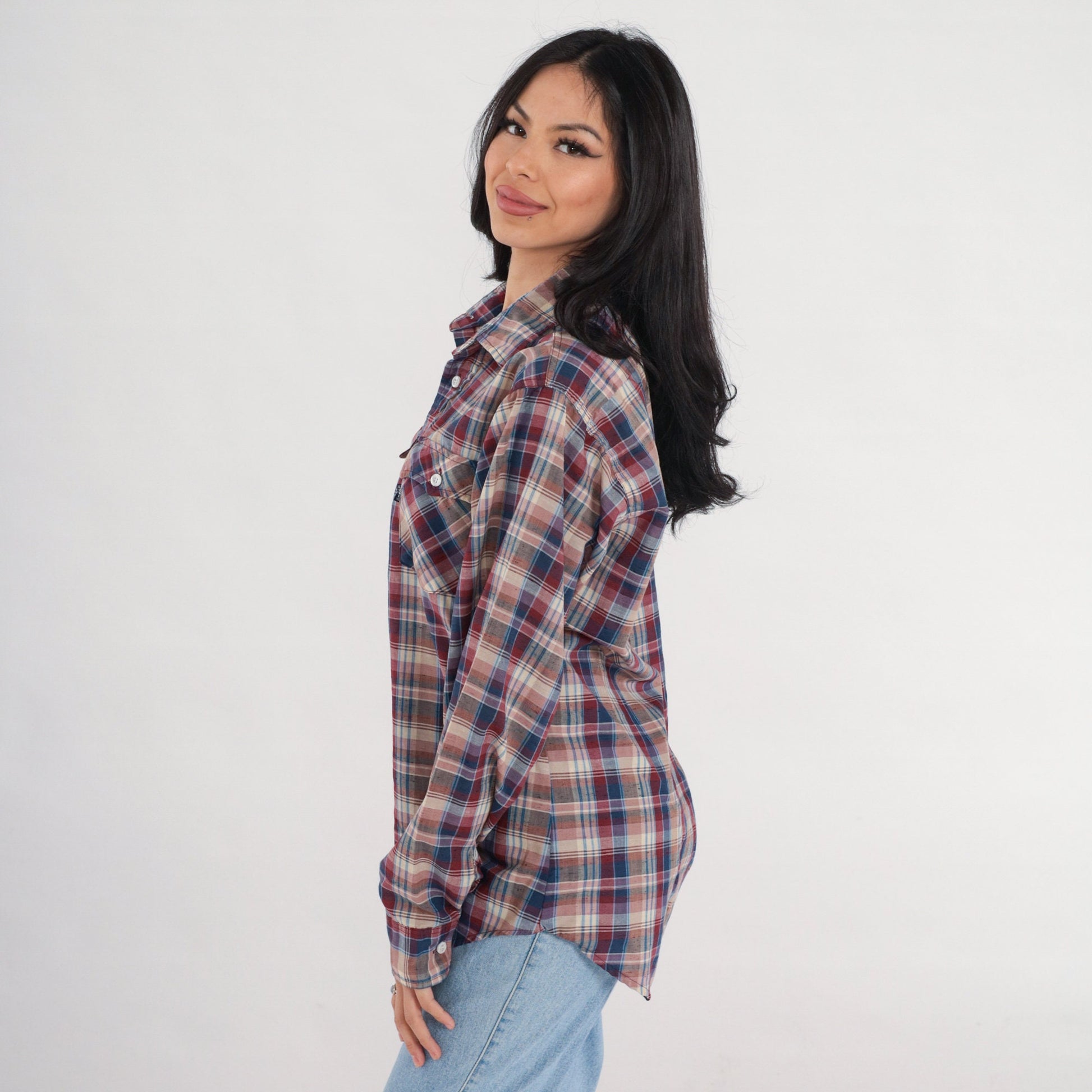 80s Levi's Plaid Button-Up Shirt Long Sleeve Red Blue Tan Large L