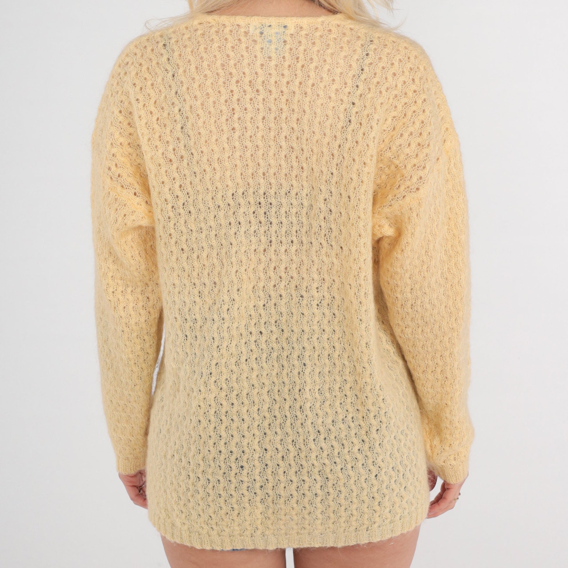 80s Yellow Mohair Cardigan Sweater Open Weave Pointelle Knit Medium