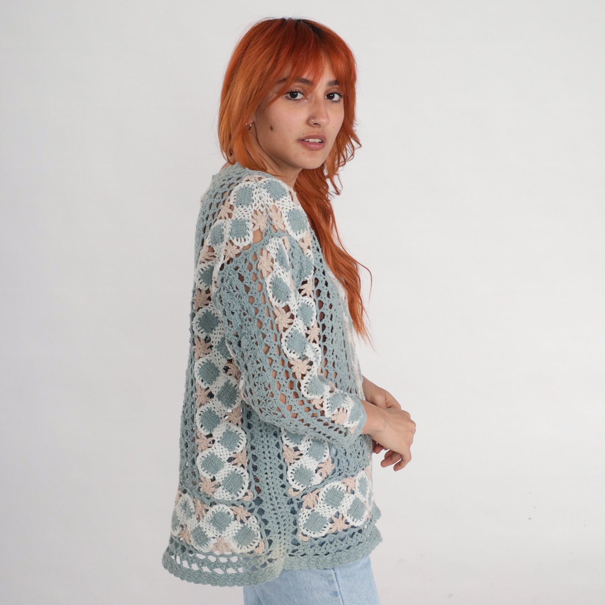 00s Blue Crochet V-Neck Sweater Sheer Cutwork Knit Medium