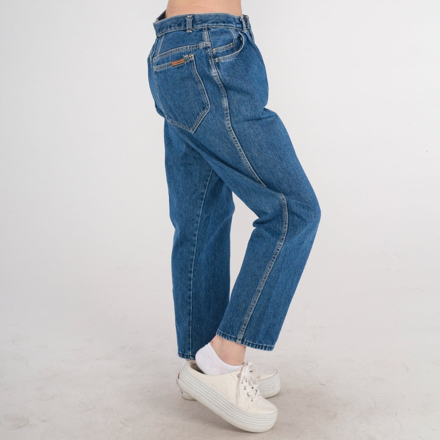 90s High Waisted Pleated Mom Jeans Tapered Denim Blue Medium