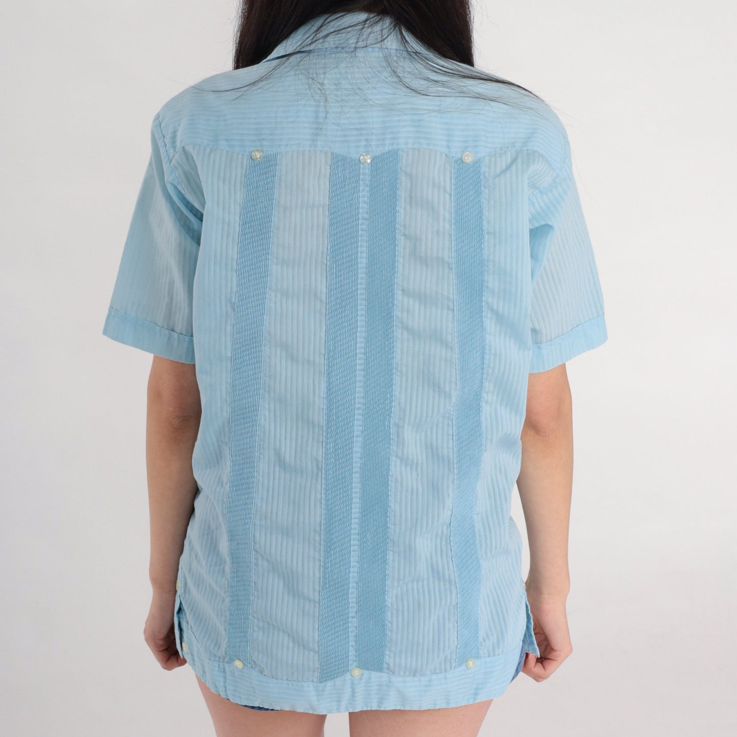 70s Blue Striped Button-Up Shirt Dagger Collar Short Sleeve Men's Small