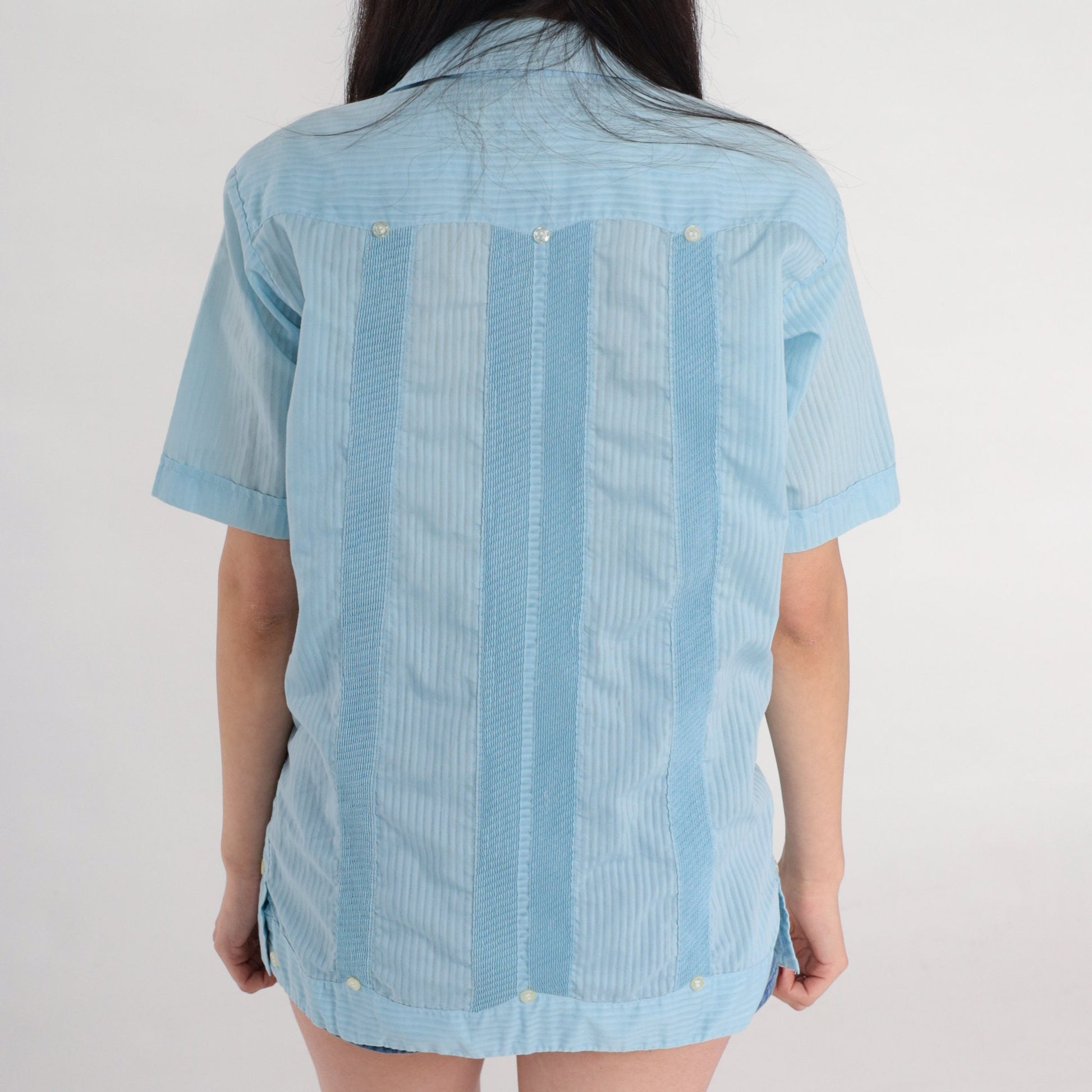 70s Blue Striped Button-Up Shirt Dagger Collar Short Sleeve Men's Small