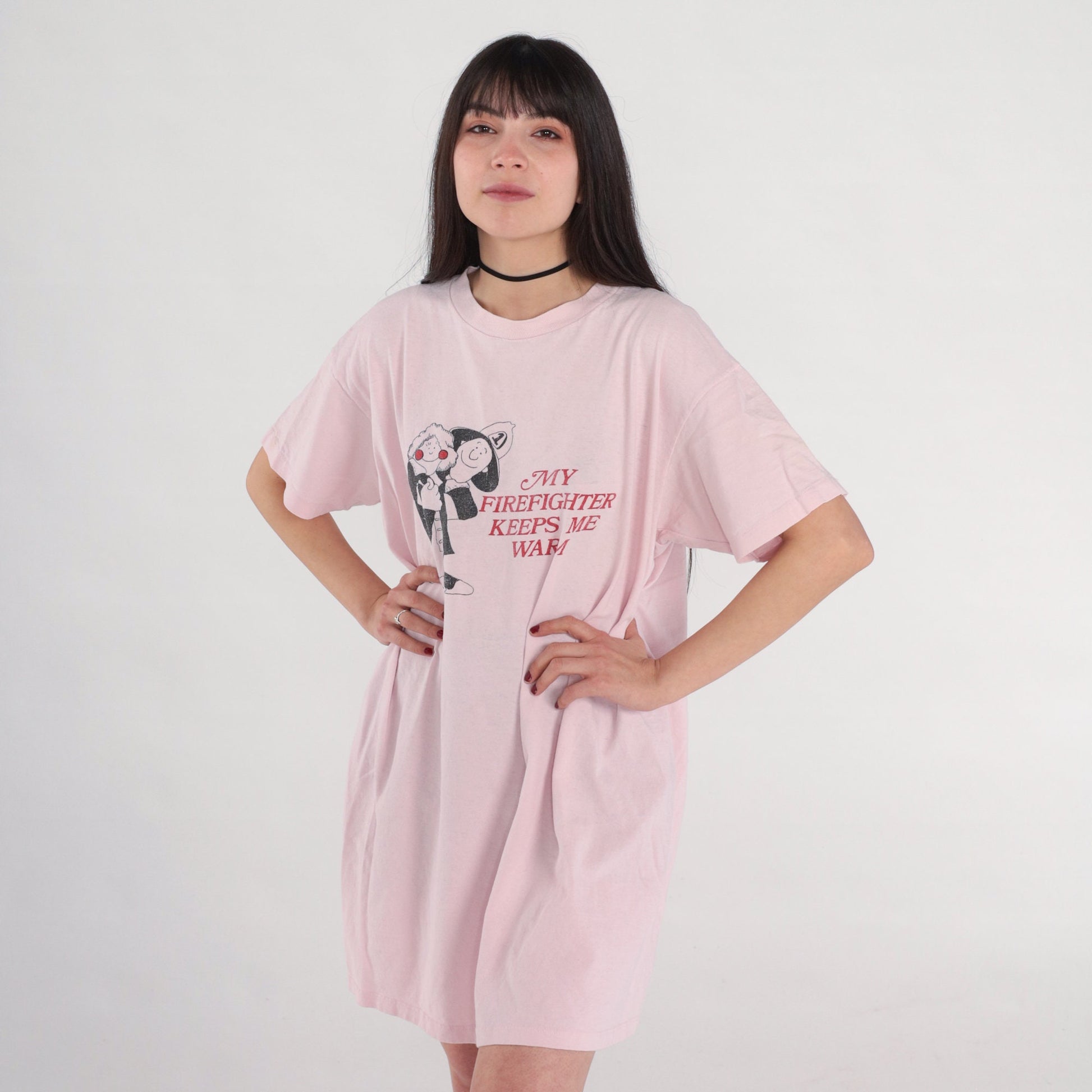 90s Firefighter Keeps Me Warm T-Shirt Dress Baby Pink Sleep Mini Cotton Small