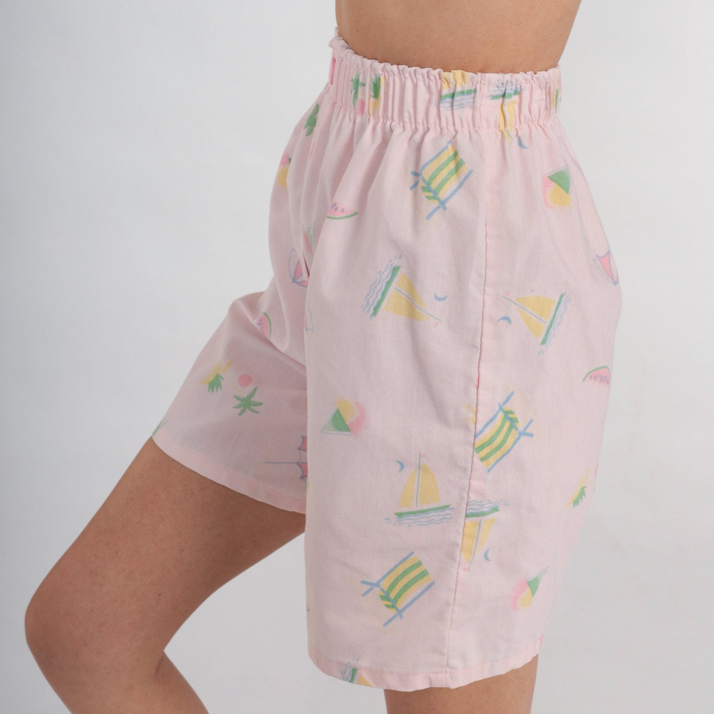 90s Pastel Pink High-Waisted Shorts Watermelon Palm Tree Sailboat Print XXS