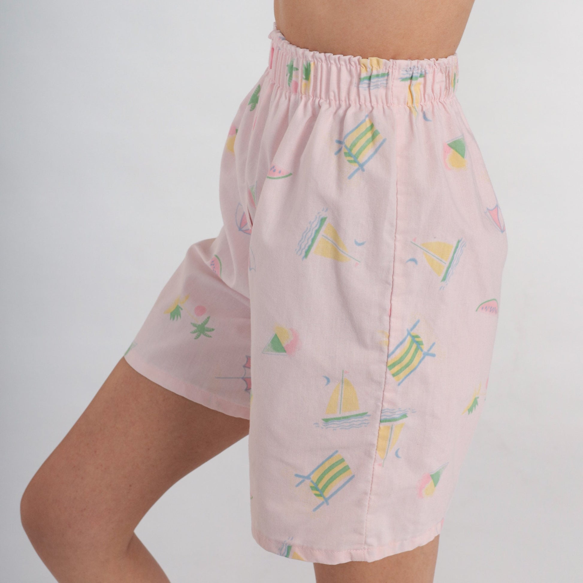 90s Pastel Pink High-Waisted Shorts Watermelon Palm Tree Sailboat Print XXS