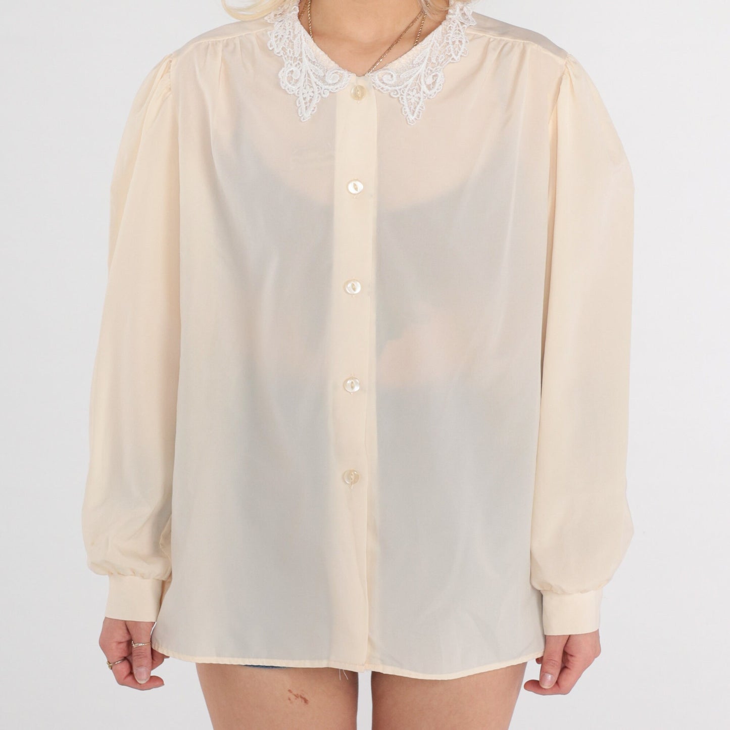 80s Cream Puff Sleeve Button-Up Blouse Lace Collar Long Sleeve Large