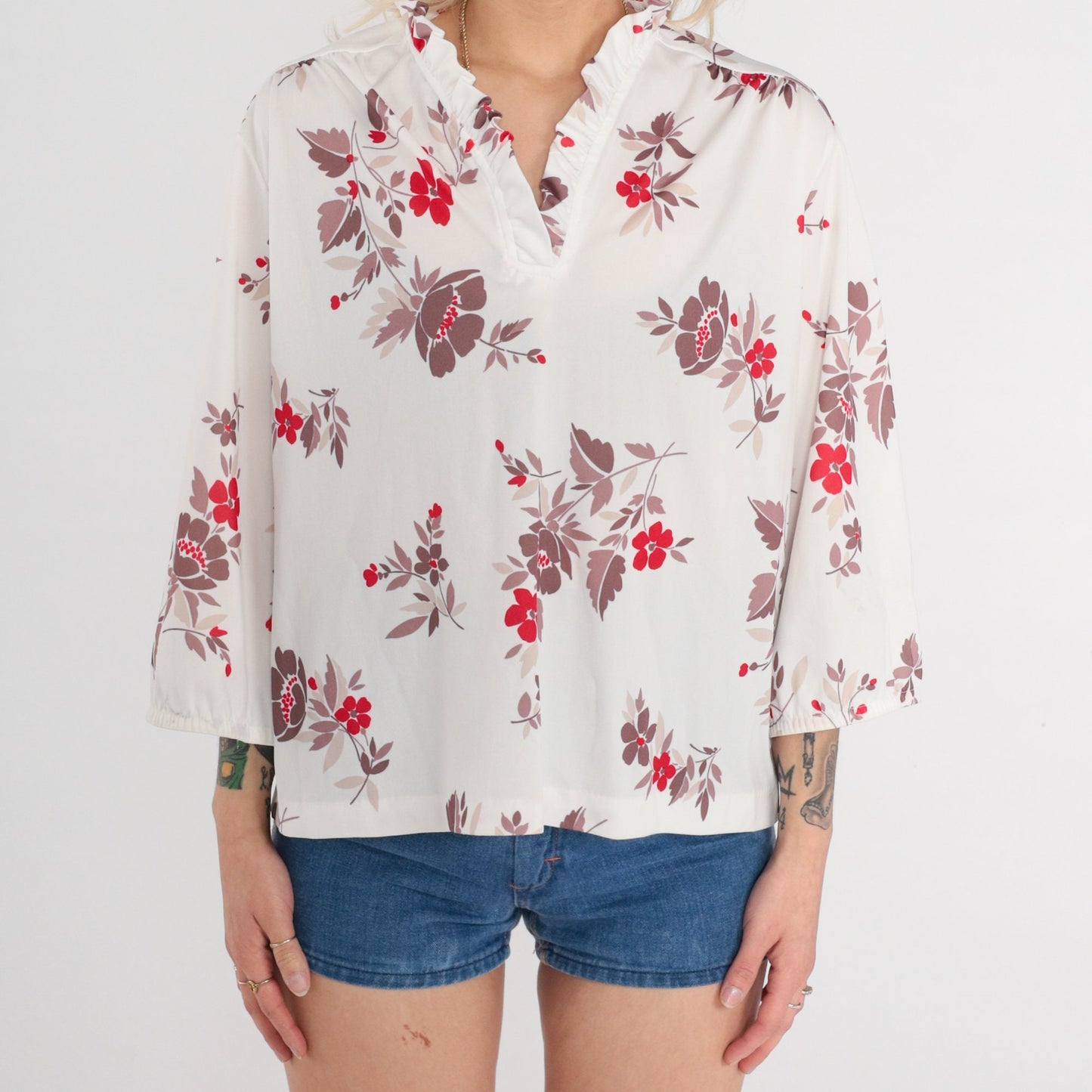 70s Floral Blouse Ruffle Neckline Long Sleeve White Rose Taupe Large