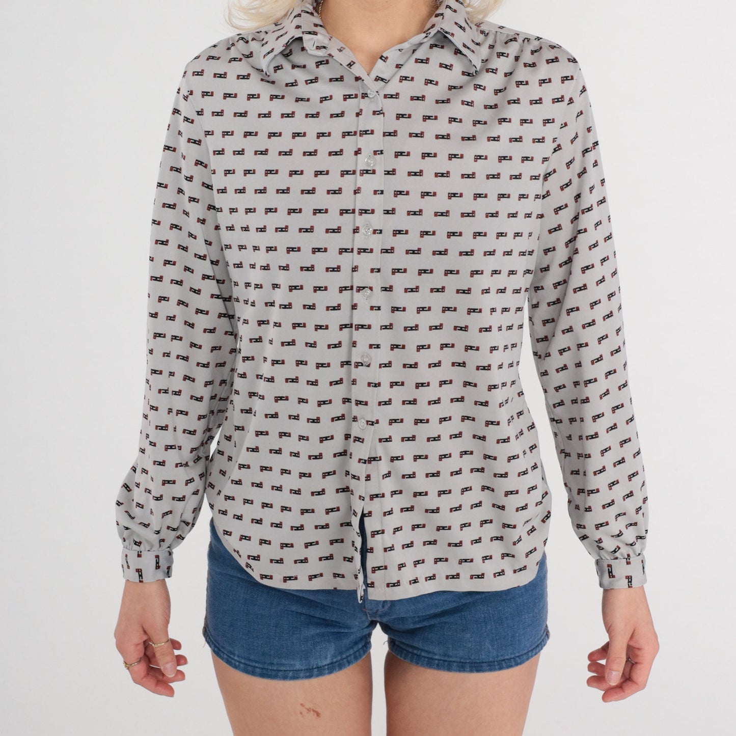 70s Grey Abstract Print Button-Up Blouse Dagger Collar Long Sleeve Medium
