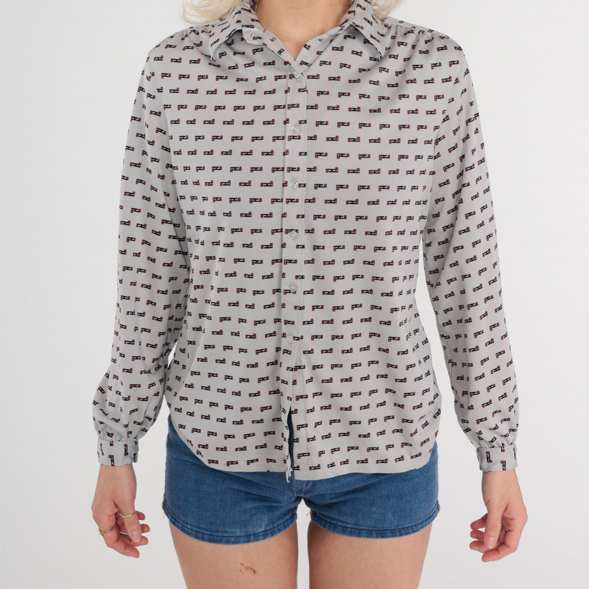 70s Grey Abstract Print Button-Up Blouse Dagger Collar Long Sleeve Medium